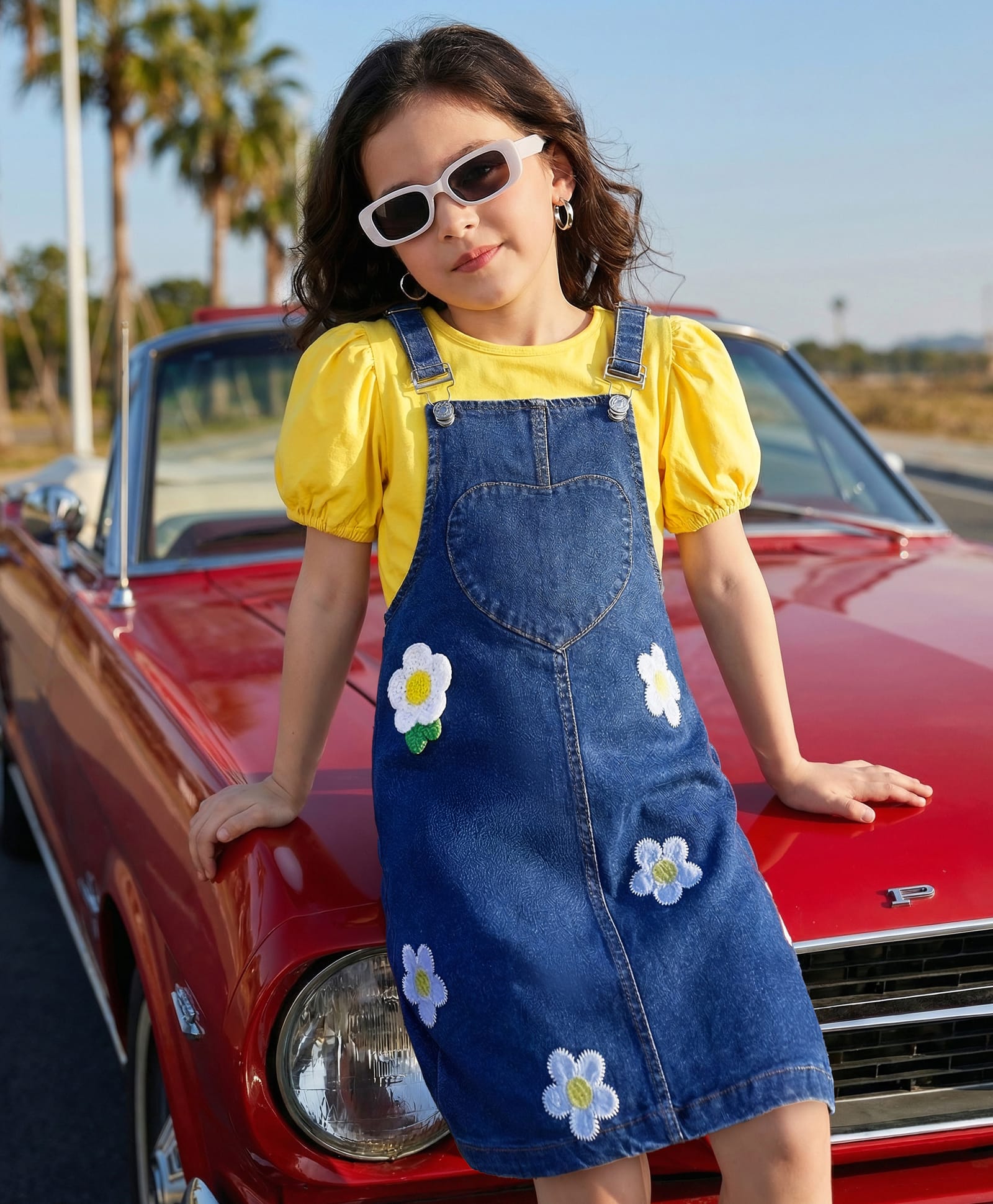 Hola Bonita Cotton Woven Half Puffed Sleeves Inner T-Shirt & Denim Pinafore Dress with Floral Embroidery - Yellow & Navy Blue-image-49