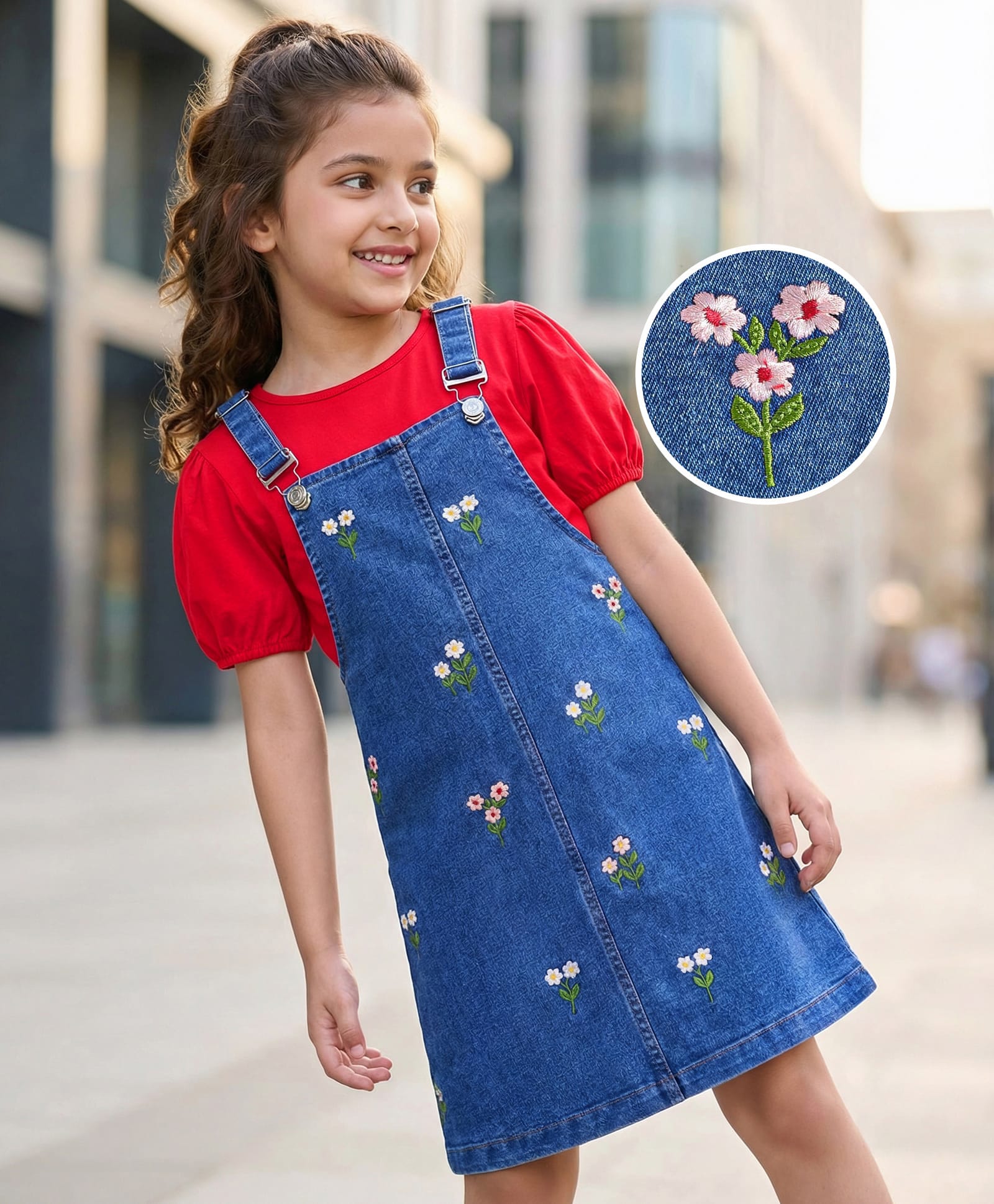 Hola Bonita Cotton Woven Floral Embroiderd Denim Dress with Half Puffed Sleeves Solid Inner Top - Blue & Red-image-26