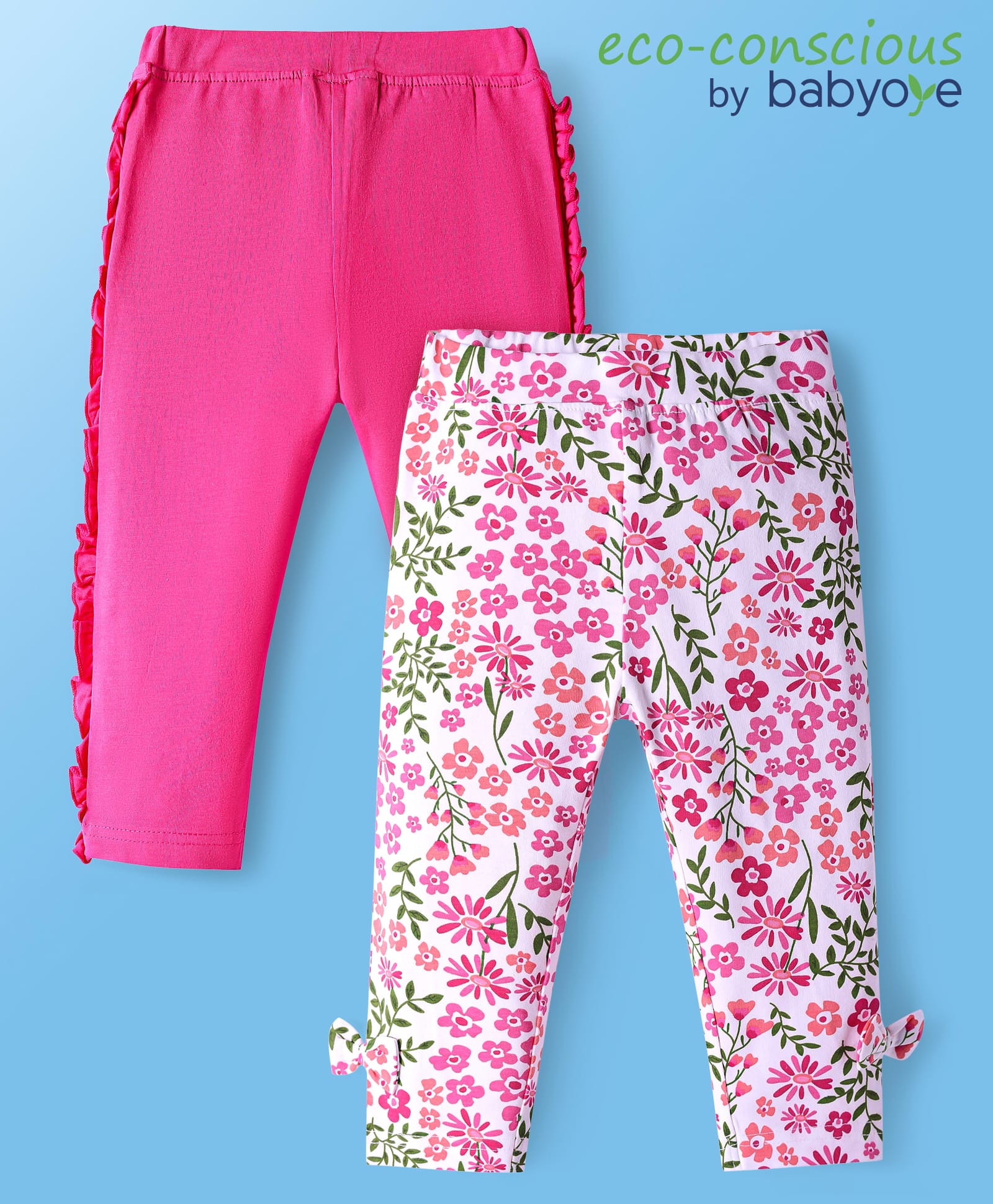 Babyoye Lycra Full Length Solid & Floral Printed Leggings Pack Of 2 - Pink & Dark Pink-picture-35