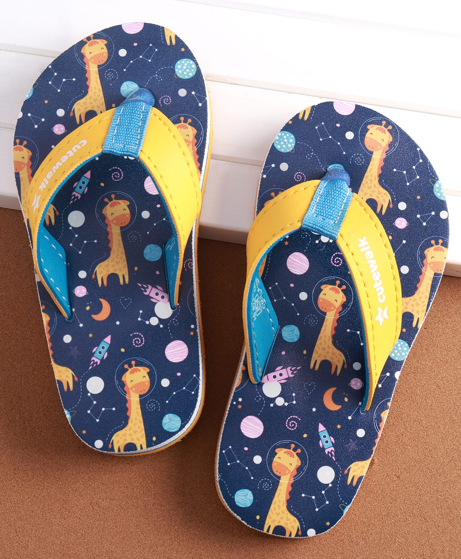 Cute Walk by Babyhug Slip on Flip Flops with Giraffe Print & Space Theme - Navy Blue-image-2