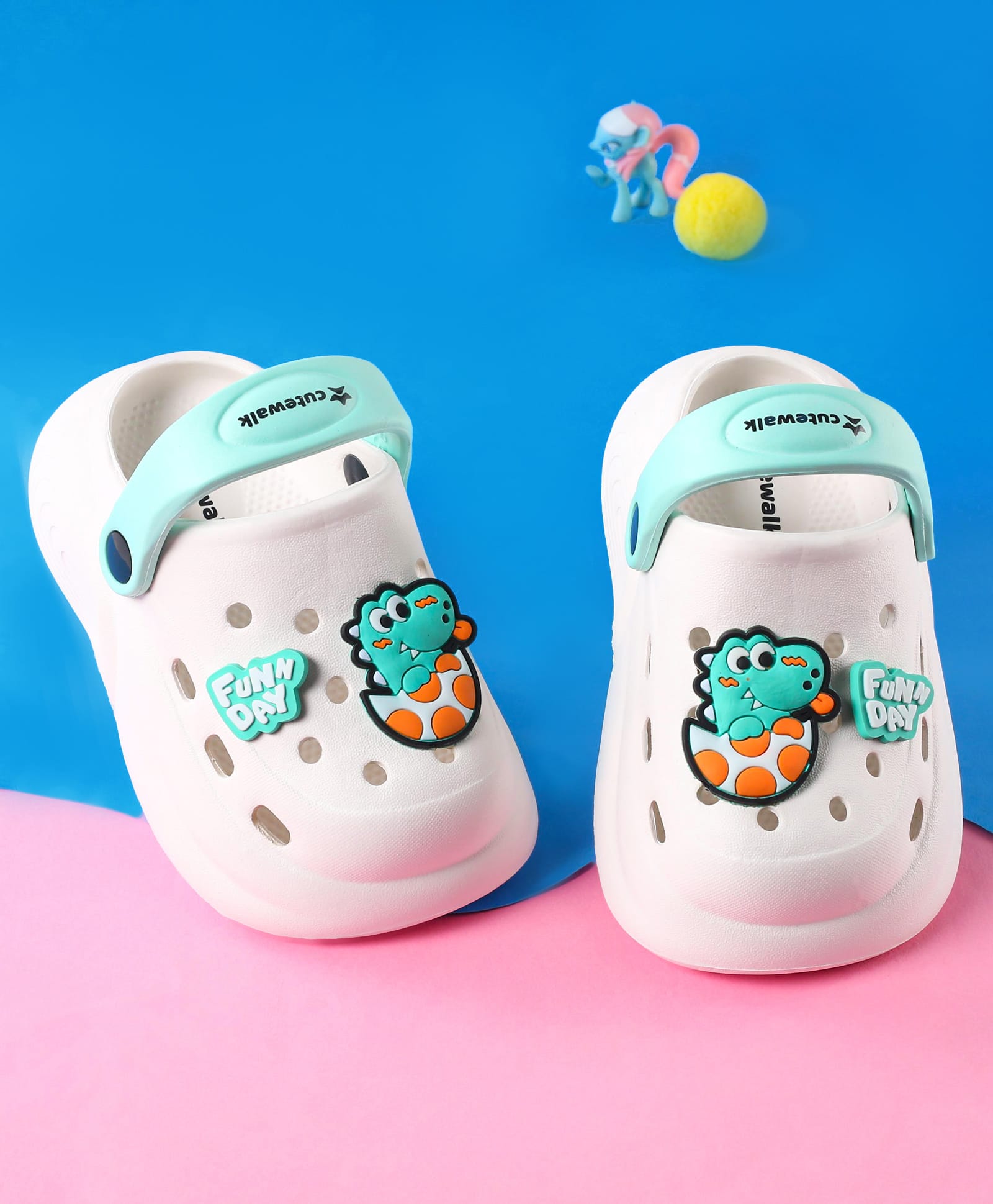 Cute Walk by Babyhug Clogs With Backstrap Closure Dino & Text Appliques - White