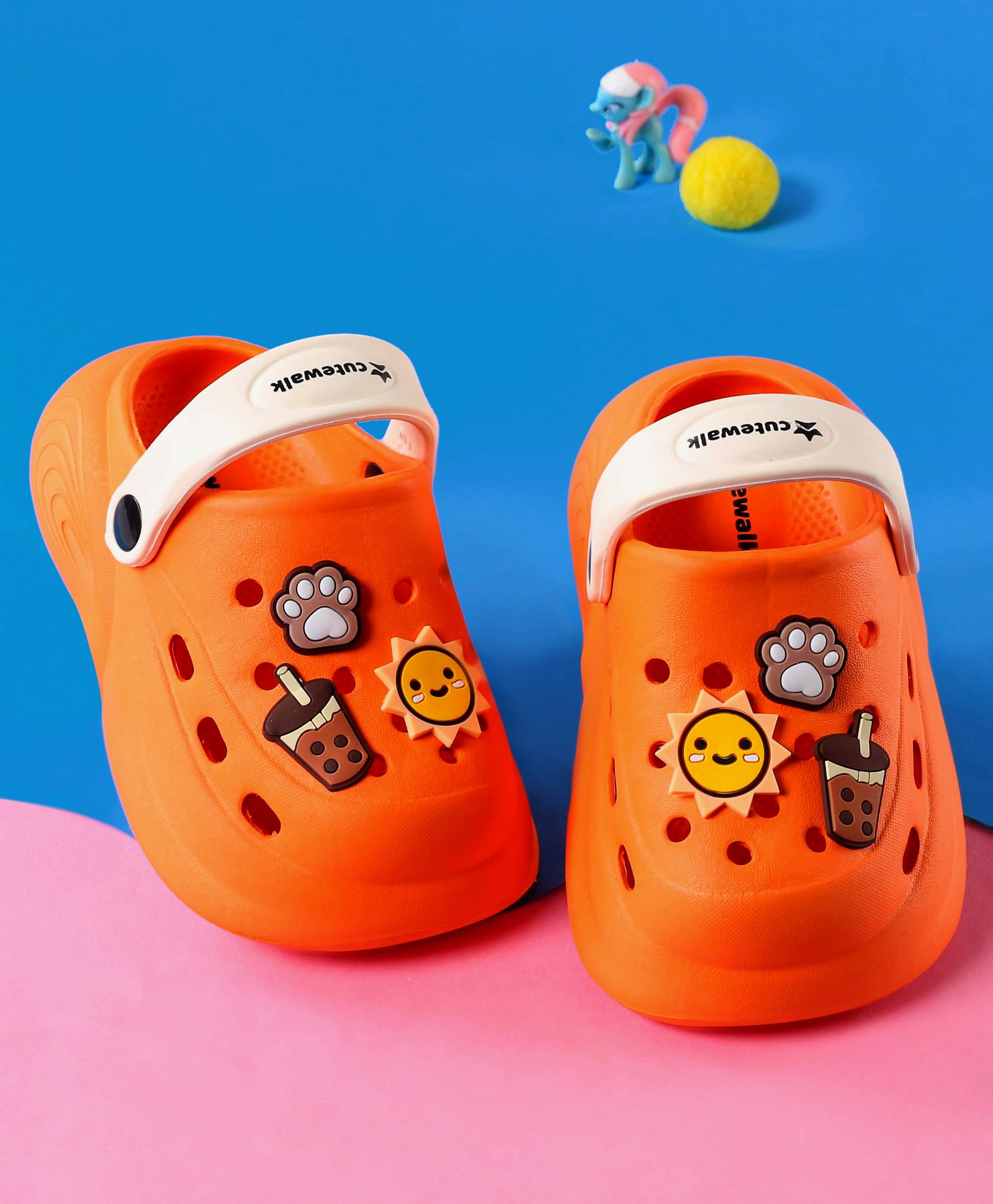 Cute Walk by Babyhug Clogs With Backstrap Closure Coffee Sun & Paw Appliques - Orange