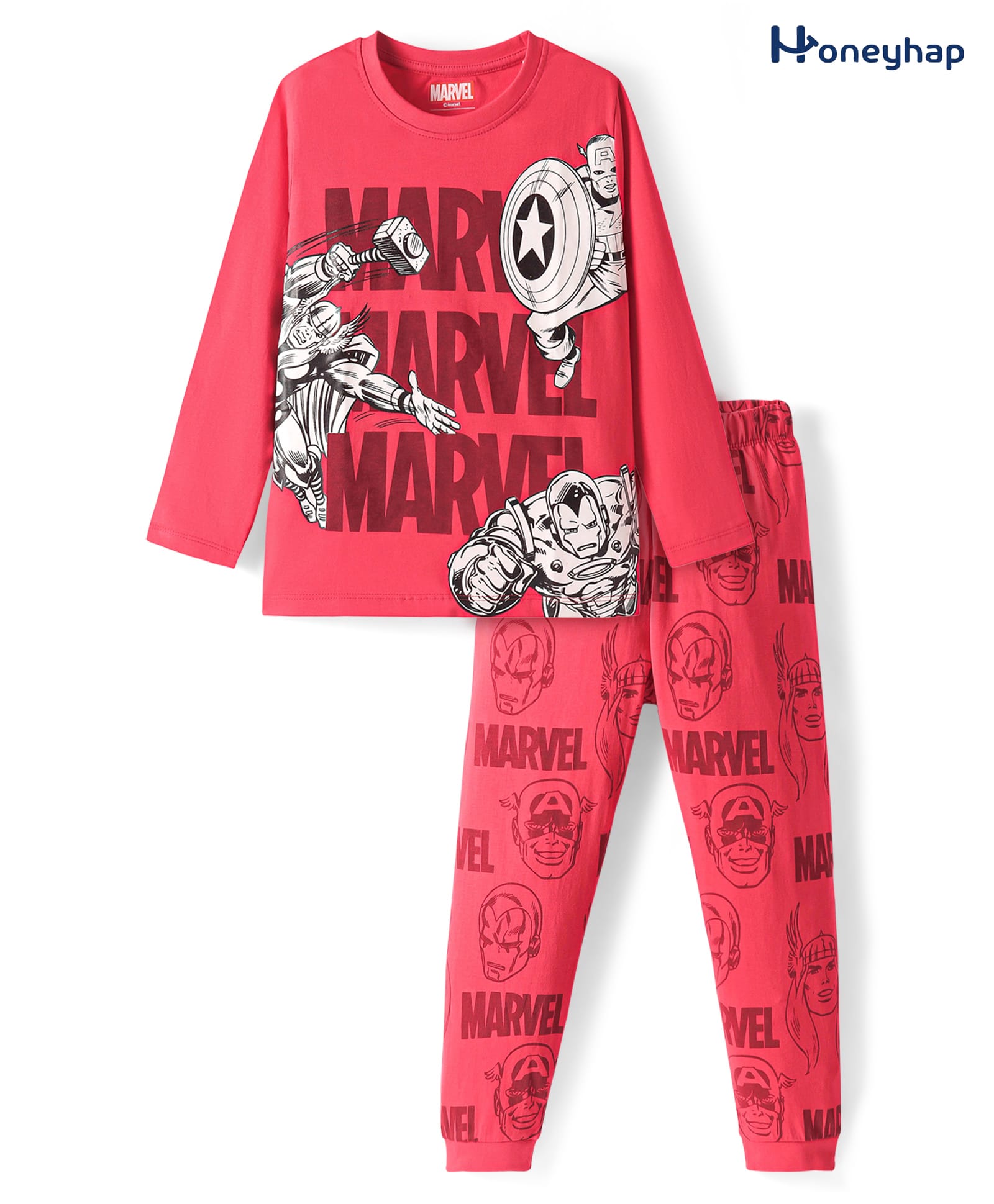 Honeyhap Marvel Single Jersey Knit Full Sleeves Night Suit With Avengers Graphics - Red-picture-27