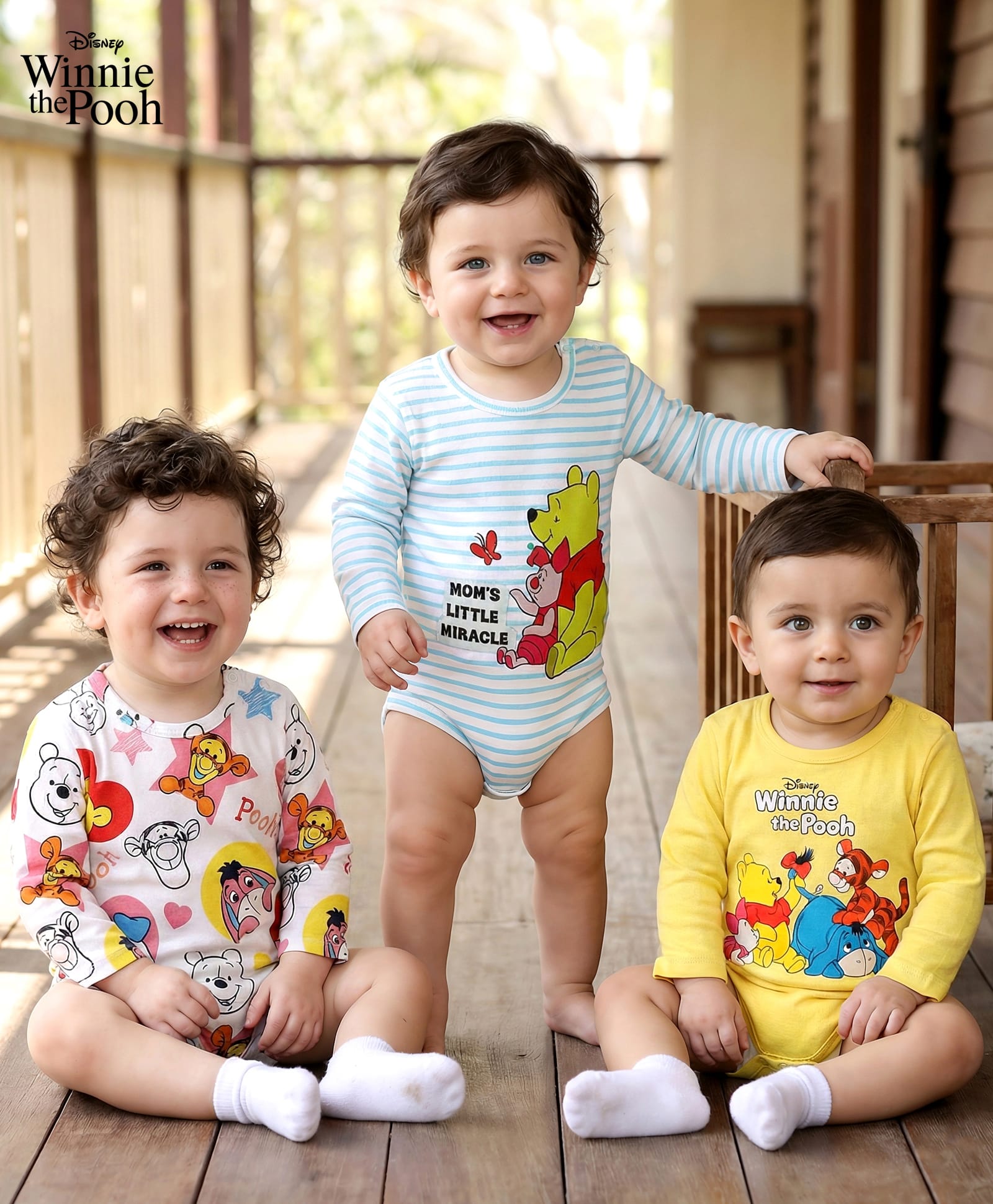 Babyhug Disney Cotton Knit FullSleeves Onesies with Winnie The Pooh Graphics Pack Of 3 - Yellow White & Blue-picture-15