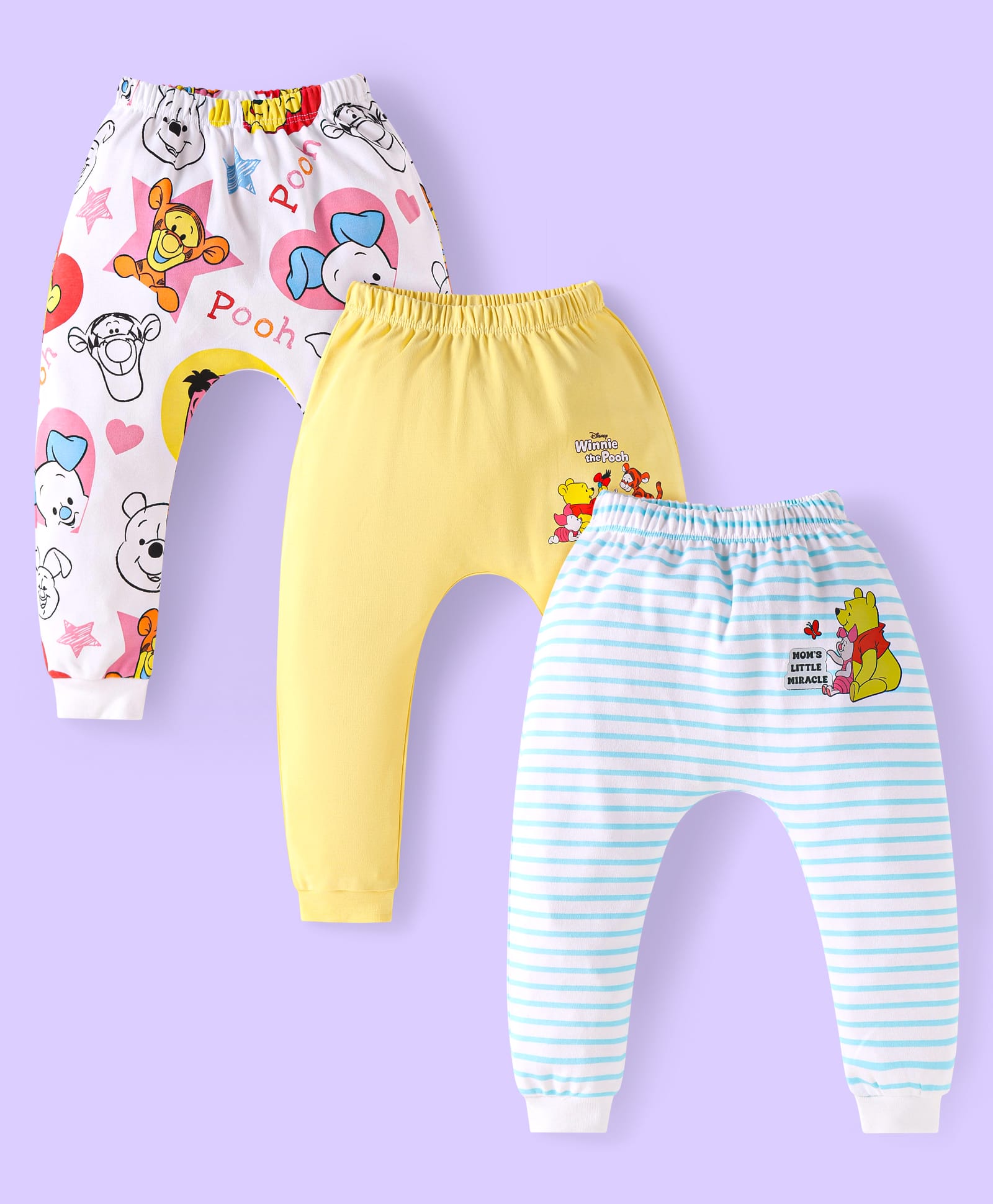 Babyhug Disney Interlock Knit Diaper Leggings with Winnie The PoohGraphics Pack of 3- Yellow White & Blue-image-6