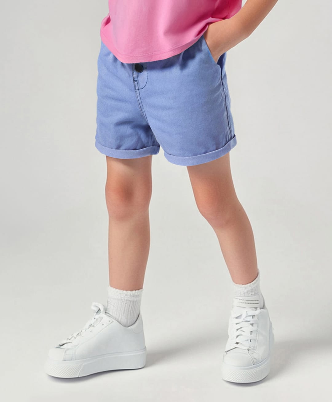 Primo Gino Cotton Elastane Woven Solid Colour Denim Bermuda Shorts With Elastic - Light Blue-picture-20