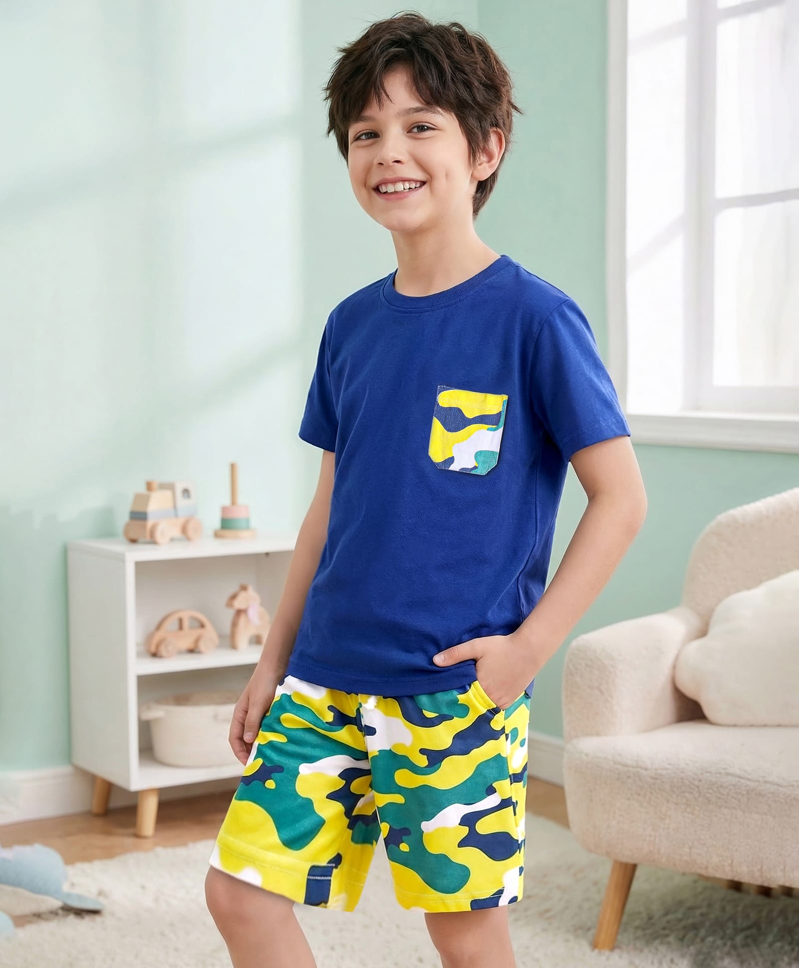 Pine Kids Single Jersey Knit Half Sleeves T-Shirt & Shorts Set with Abstract Print - Navy Blue-image-32