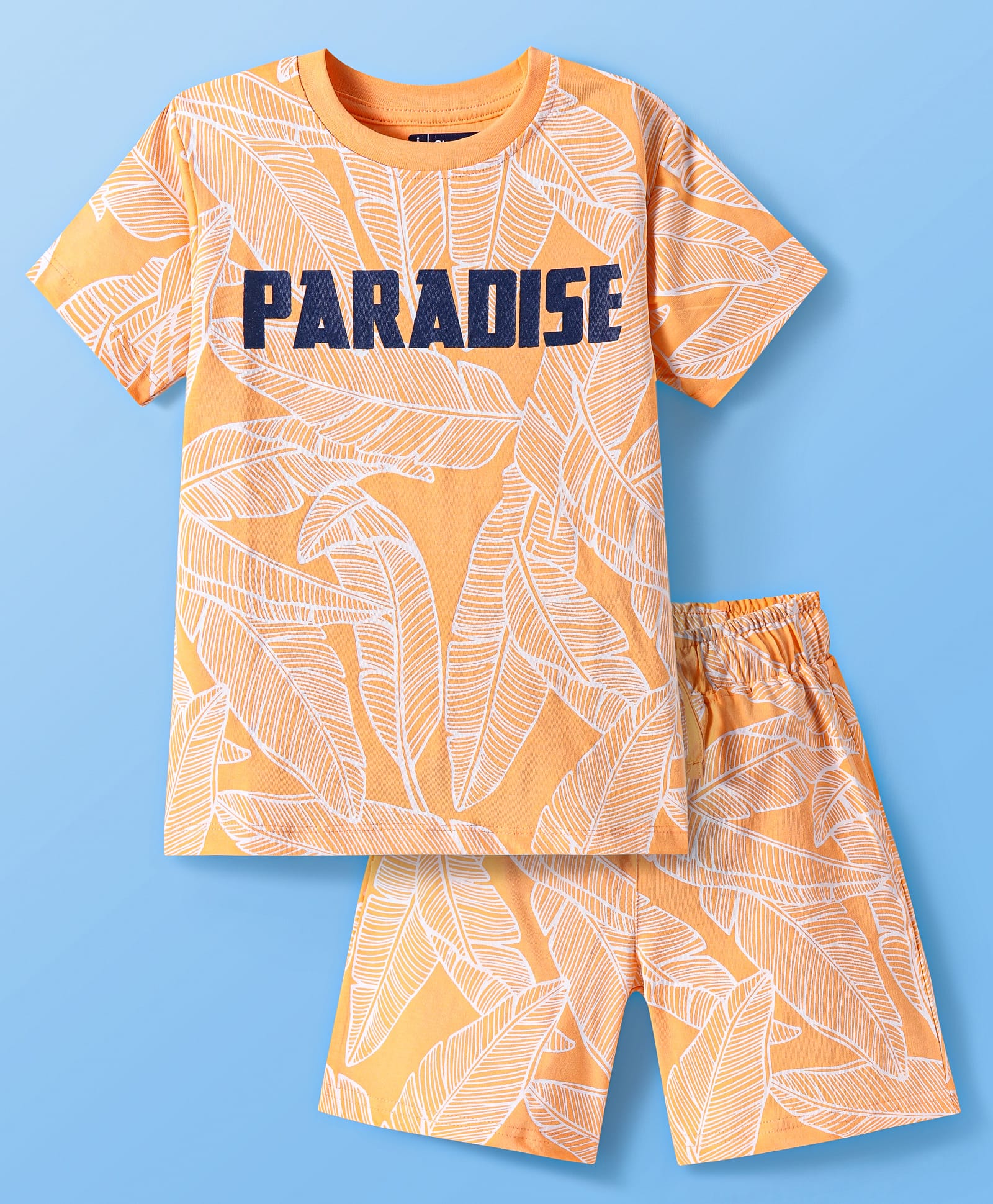 Pine Kids Single Jersey Knit Half Sleeves T-Shirt & Shorts Set with Leaves Print - Orange-picture-12
