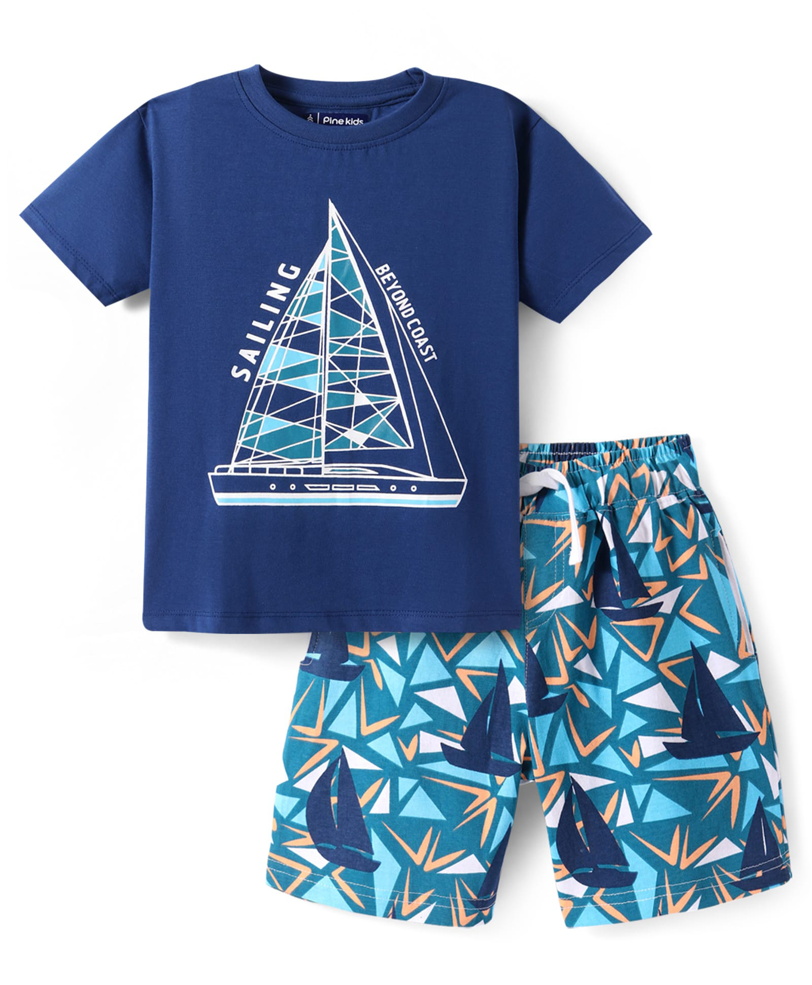 Pine Kids Single Jersey Half Sleeves Shorts Night Suit with Ship Print - Navy Blue-image-34