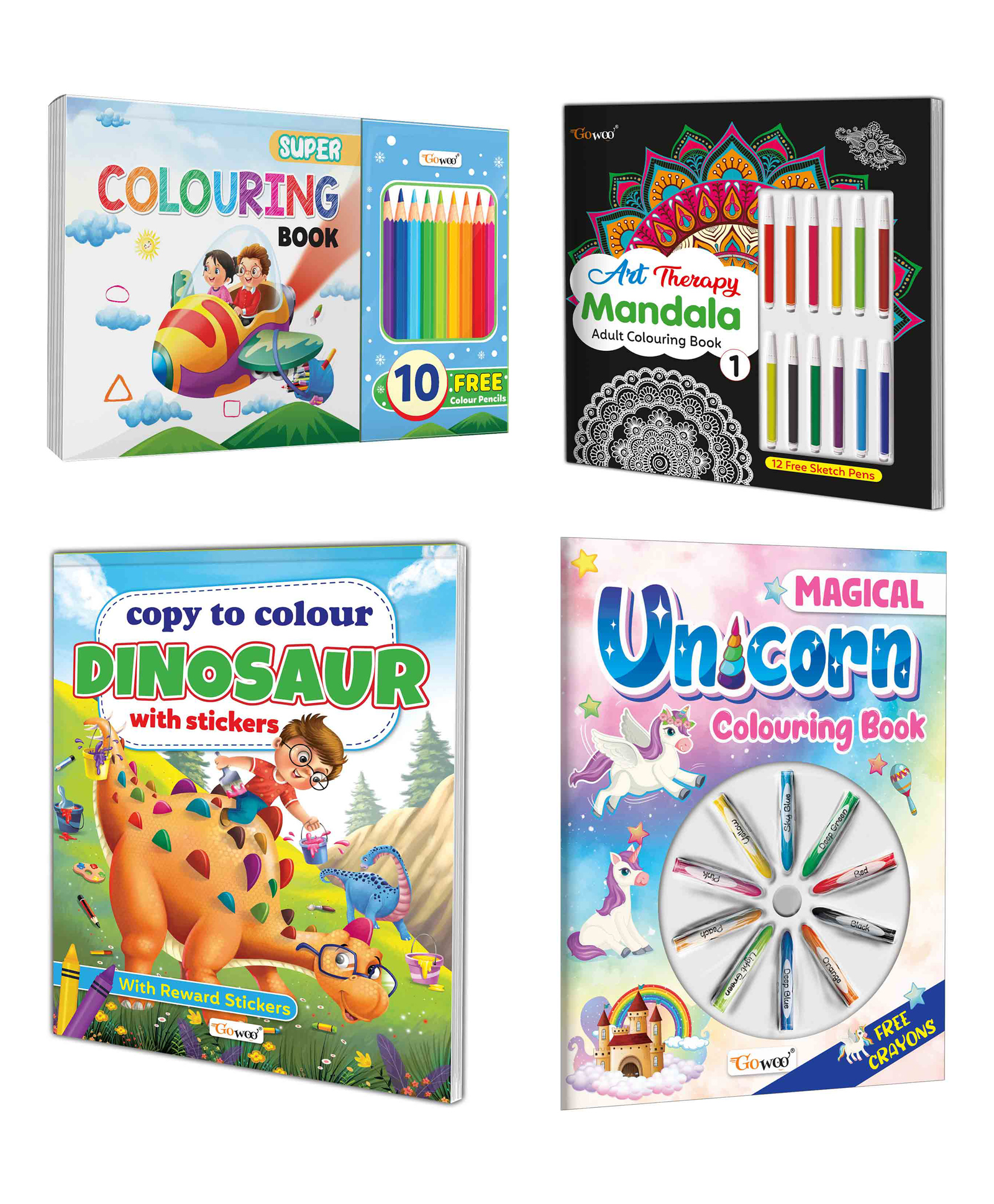 Super Colouring Book With 10 Pencil Colors,Mandala Adult Colouring Book-1,Copy to Colour Dinosaurs with Stickers and Magical Unicorn Colouring Book With Crayons:Colouring book for Kids|Pack of 4 Books-image-14