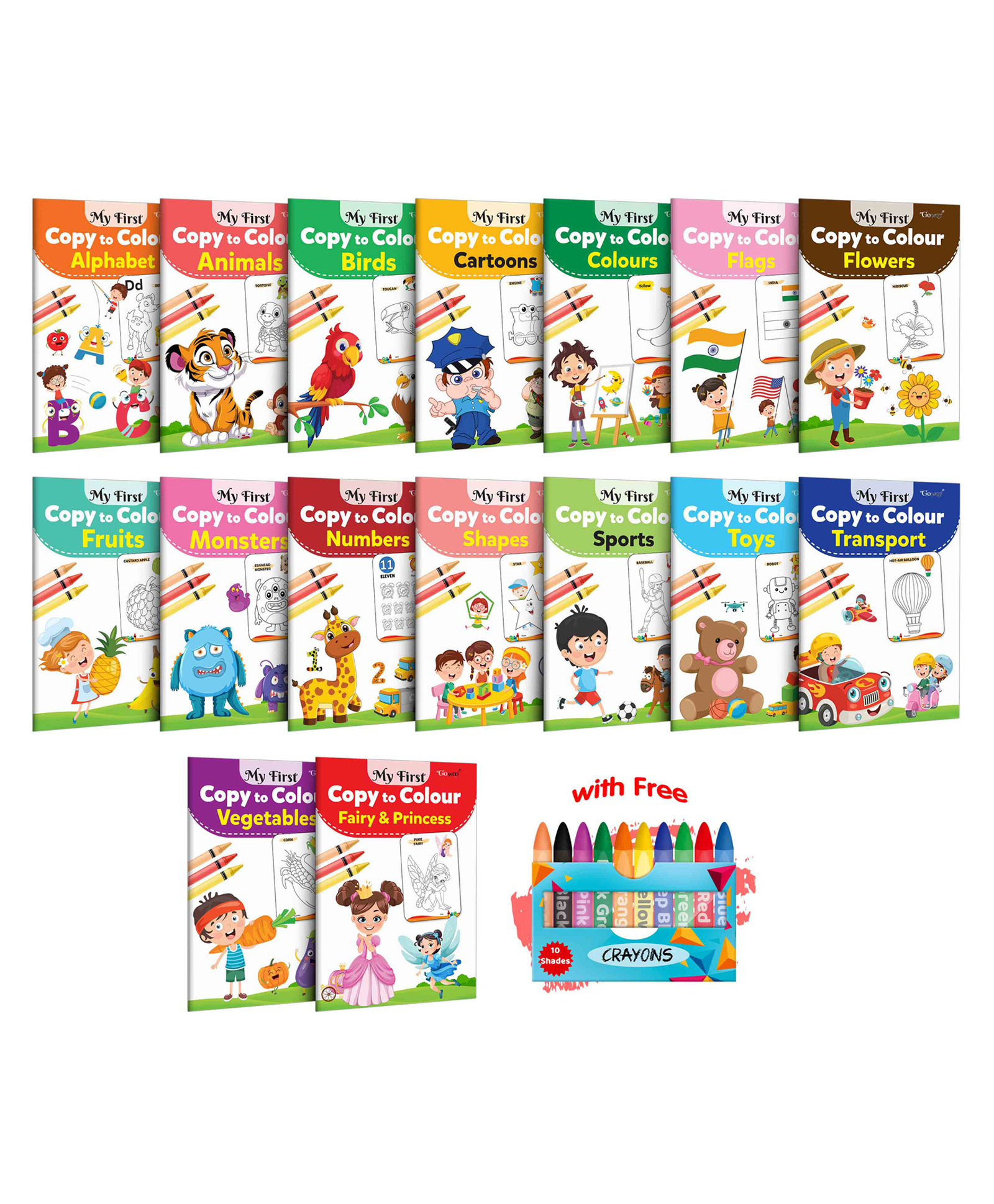 gowoo My First Copy to Colour - Alphabet, Animals, Birds, Cartoons, Colours, Monster, Flowers, Fruits & more with 10 WAX CRAYONS : Children's creative colouring book, Copy to colour book | Combo of 16 Books-picture-15