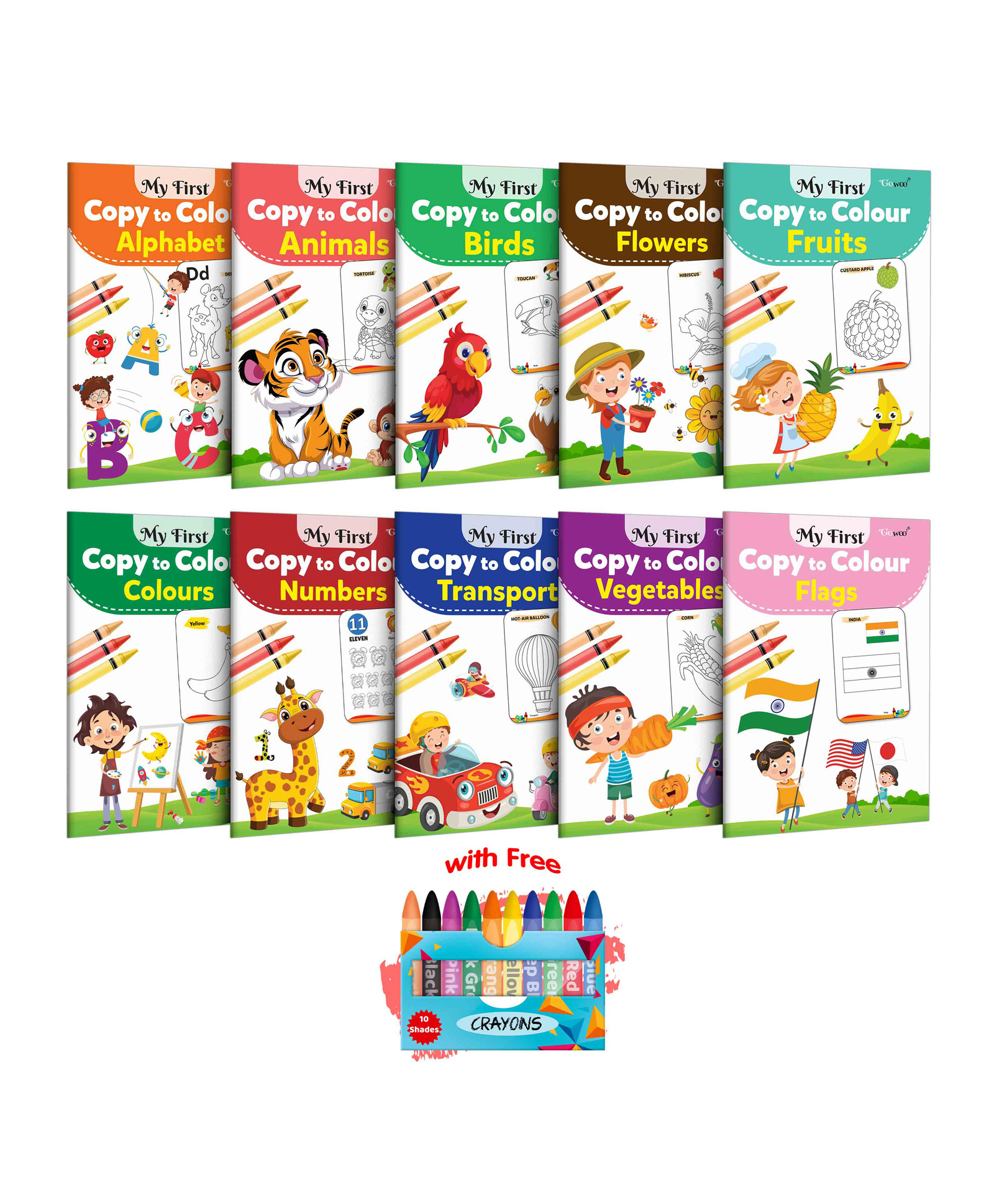 My First Copy to Colour -Alphabet, Animals, Birds, Flowers, Fruits, Colours, Numbers, Transport, Vegetables and Flags with 10 WAX CRAYONS : Kids learning book, Copy colouring book | Combo of 10 Books-image-43