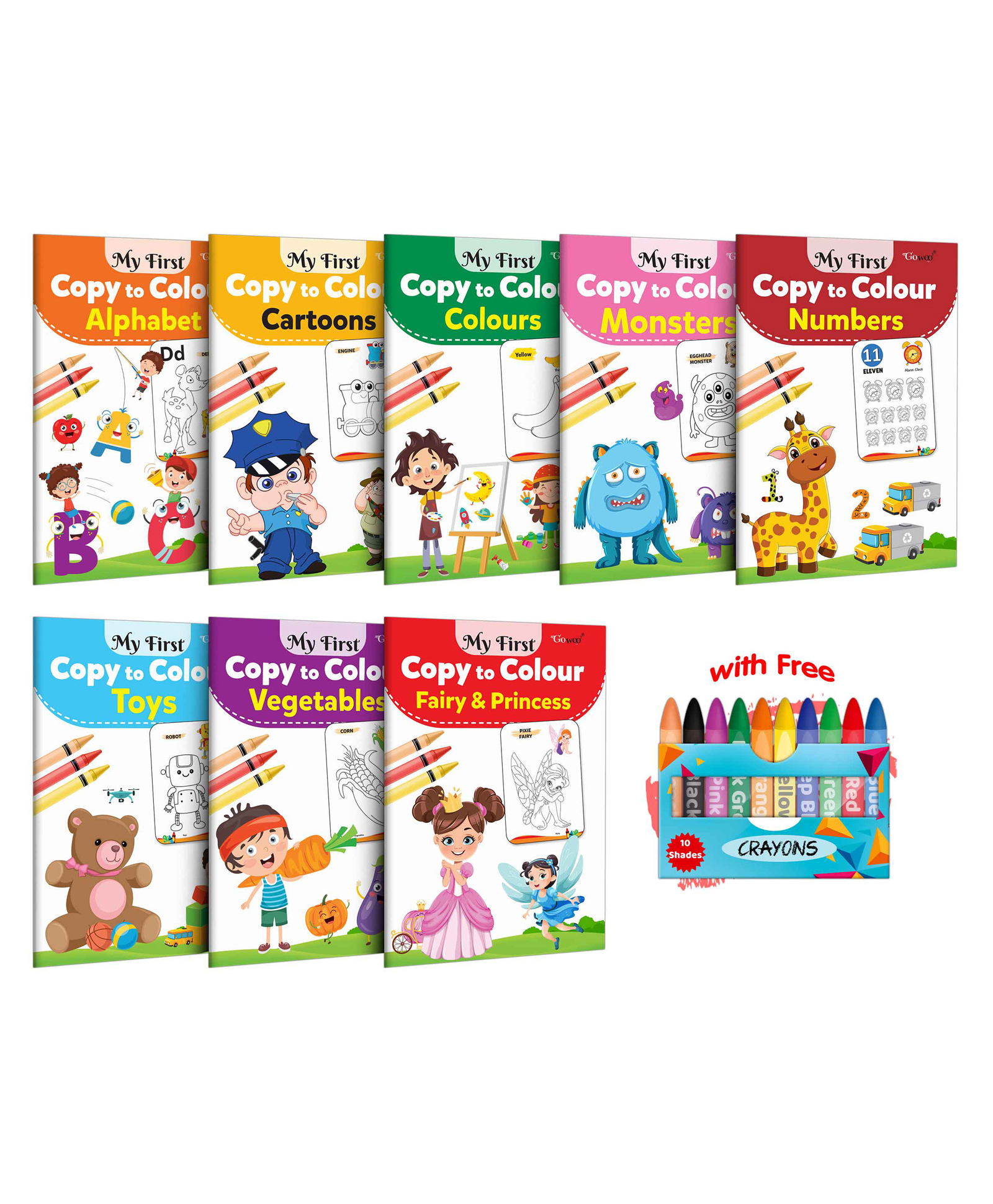 My First Copy to Colour -Alphabet, Cartoons, Colours, Monster, Numbers, Toys, Vegetables and Fairy & Princess with 10 WAX CRAYONS :Colouring book for kids, Colouring set for children |Combo of 8 Books-image-29