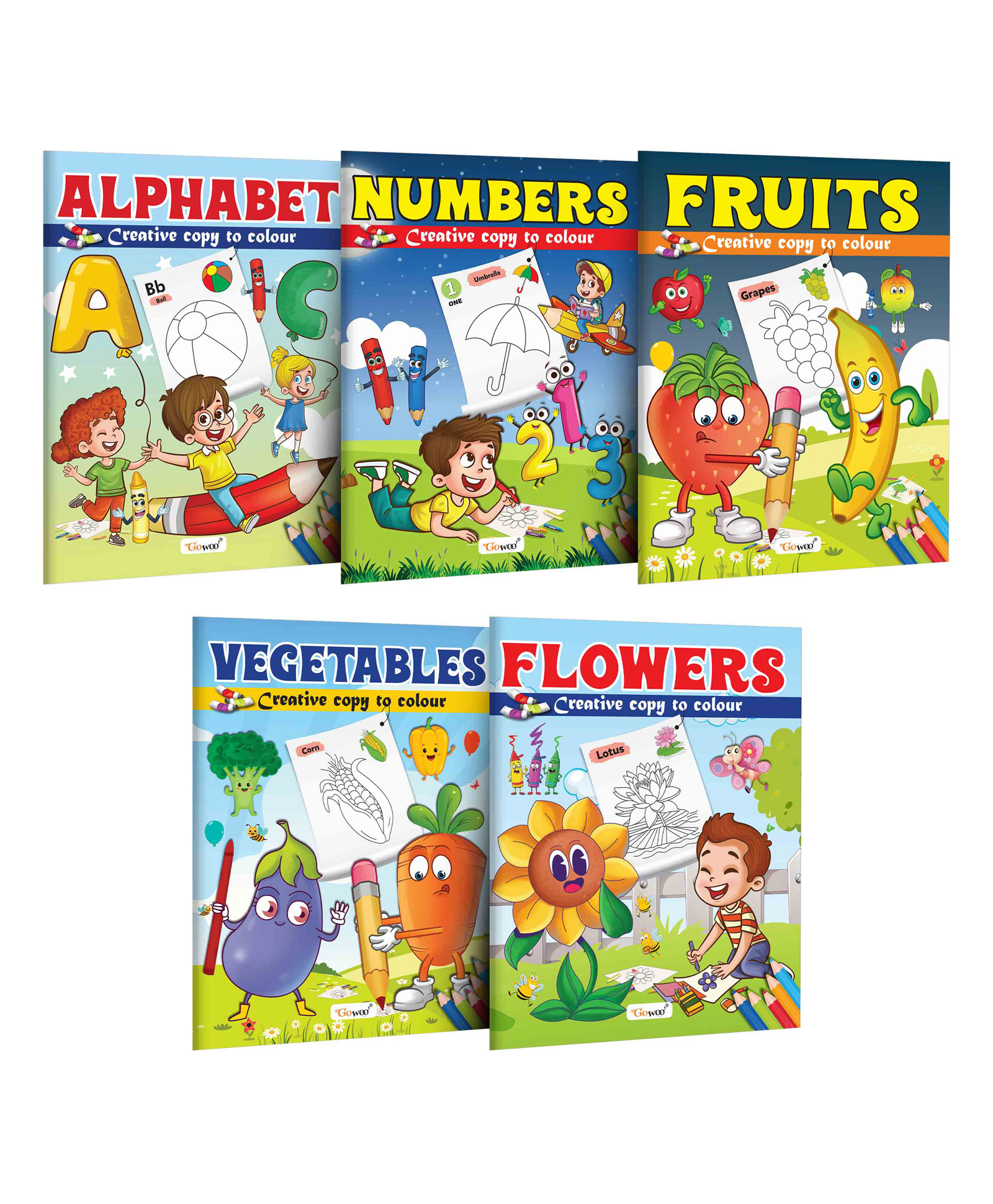 Alphabet, Numbers, Fruits, Vegetables and Flowers -Creative Copy to Colour book : Picture Coloring Book for Early Learners, Children Coloring Book for Ages 3-12 | Combo of 5 Copy Colouring books-image-17