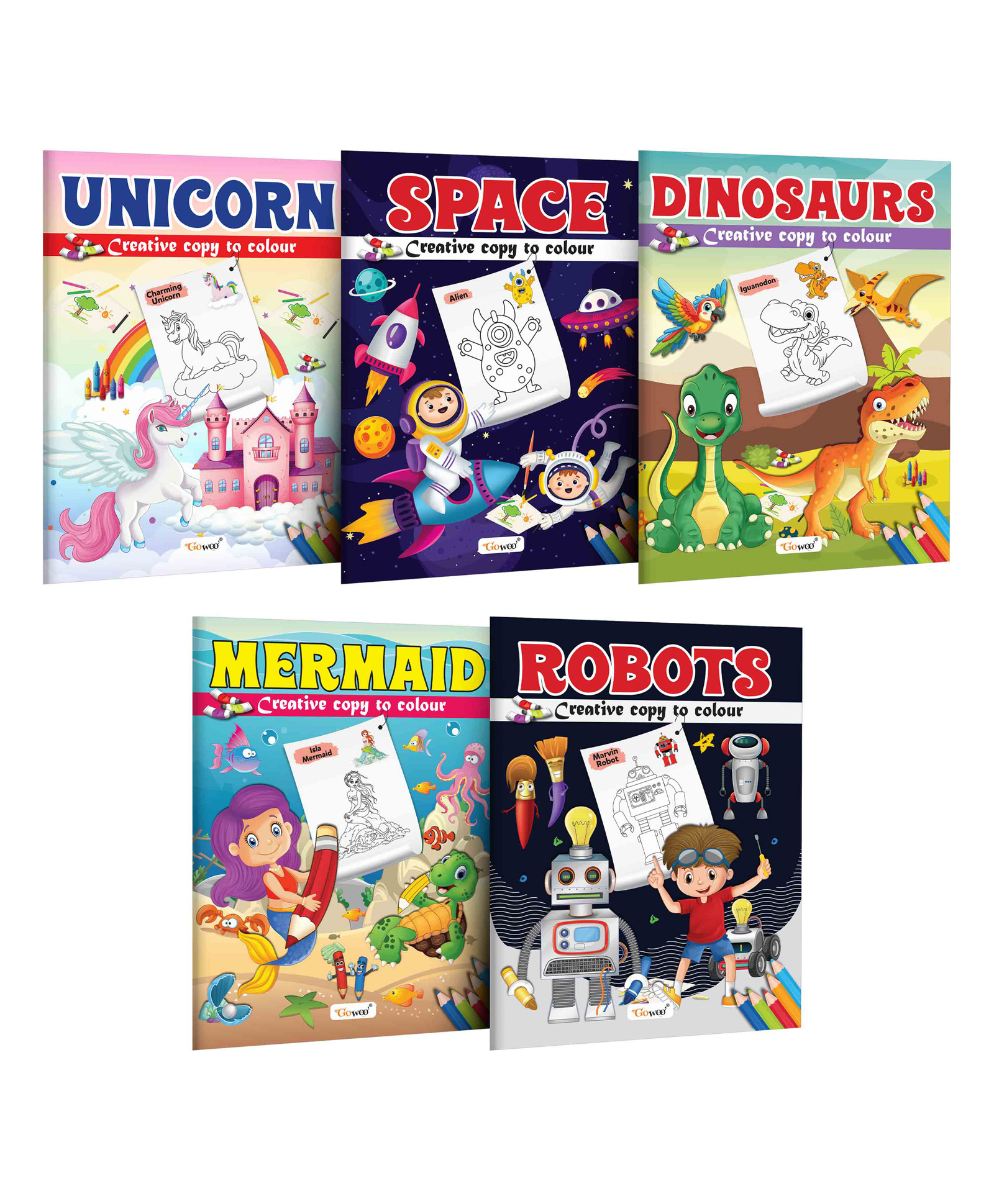 Unicorn, Space, Dinosaurs, Mermaid and Robot -Creative Copy to Colour book : Colouring Book for Children, Kids Colouring Book for Early kids for Ages 3-12 | Pack of 5 Copy Colouring books-image-25