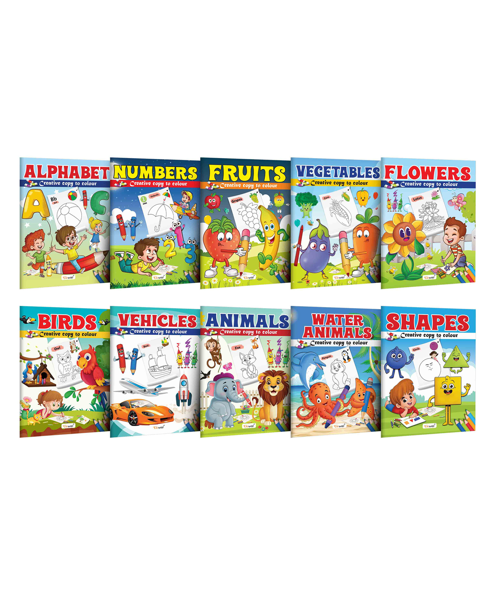 Alphabet, Numbers, Fruits, Vegetables, Flowers, Birds, Vehicle, Animals, Water Animals and Shapes -Creative Copy to Colour book :Easy Coloring Book for Young kids Ages 3-12 |Pack of 10 Colouring books-image-12