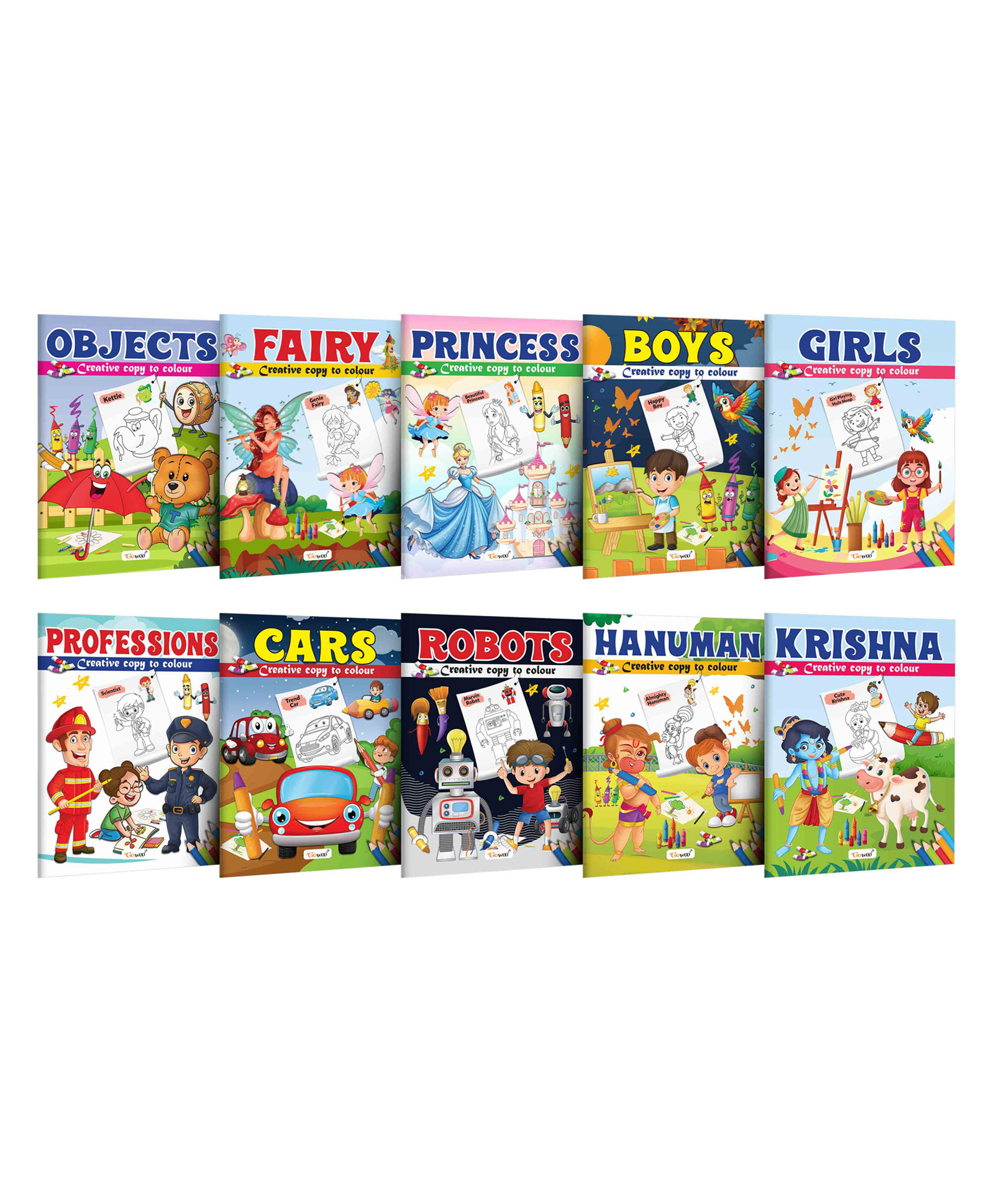 Objects, Fairy, Princess, Boys, Girl, Professions, Cars and more - Creative Copy to Colour book : Fun Coloring Book for Toddlers, Copy to Colour Book for Ages 3-12 | Pack of 10 Colouring books-image-0