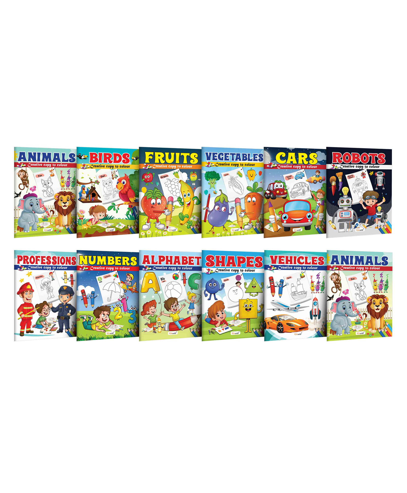 Animals, Birds, Fruits, Vegetables, Cars, Robot, Professions, Numbers and more -Creative Copy to Colour book : Easy Coloring Book, Toddlers Coloring Book for Ages 3-12 |Pack of 12 Copy Colouring books-image-26