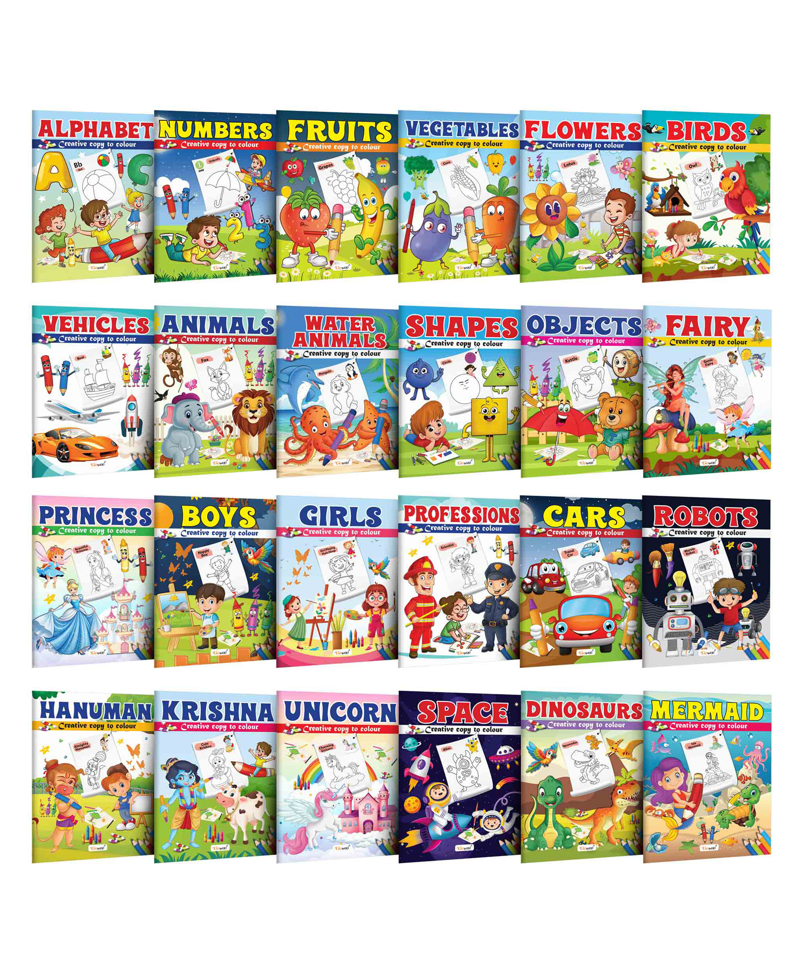 Alphabet, Numbers, Fruits, Vegetables, Flowers, Birds, Vehicle and more Creative Copy to Colour book : Fun Coloring Book for Toddlers, Colouring Fun for Kids for Ages 3-12 | Pack of 24 Colouring books-image-17