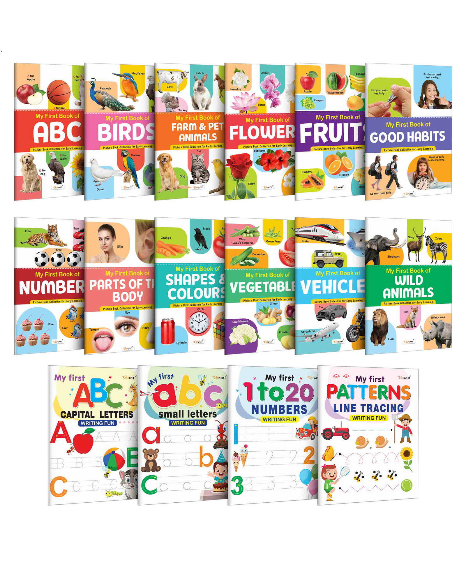 My First Book of ABC, Numbers, Fruits, Birds & more and My First Capital & Small Letters, Numbers 1-10 and Line Tracing Patterns Writing Fun book : Easy writing fun Book for Ages 3-12|Pack of 16 books-image-23