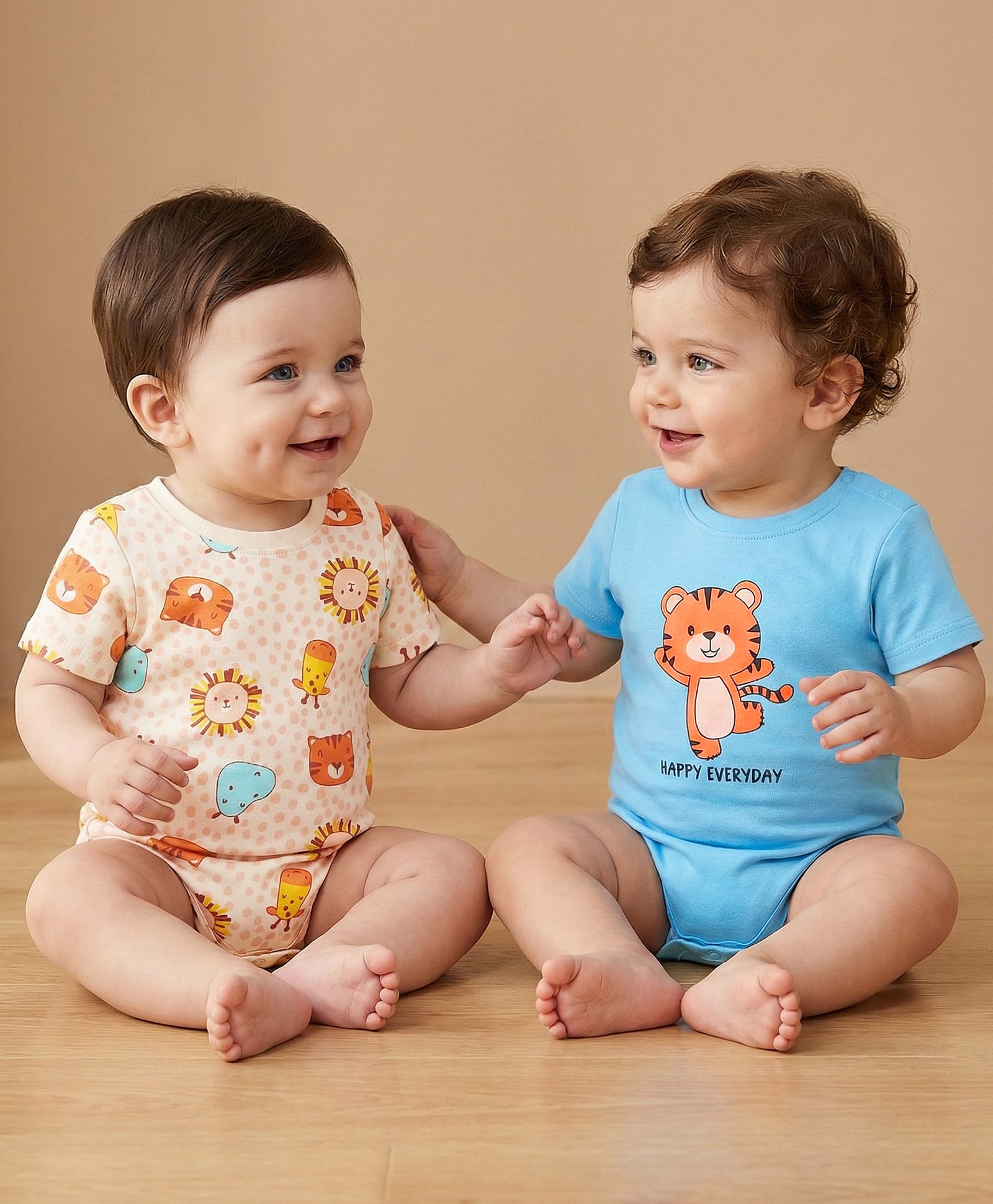 Babyoye 100% Cotton Knit Half Sleeves Eco Jiva Finish Onesies with Tiger Print Pack of 2 - Light Blue & Cream-image-21