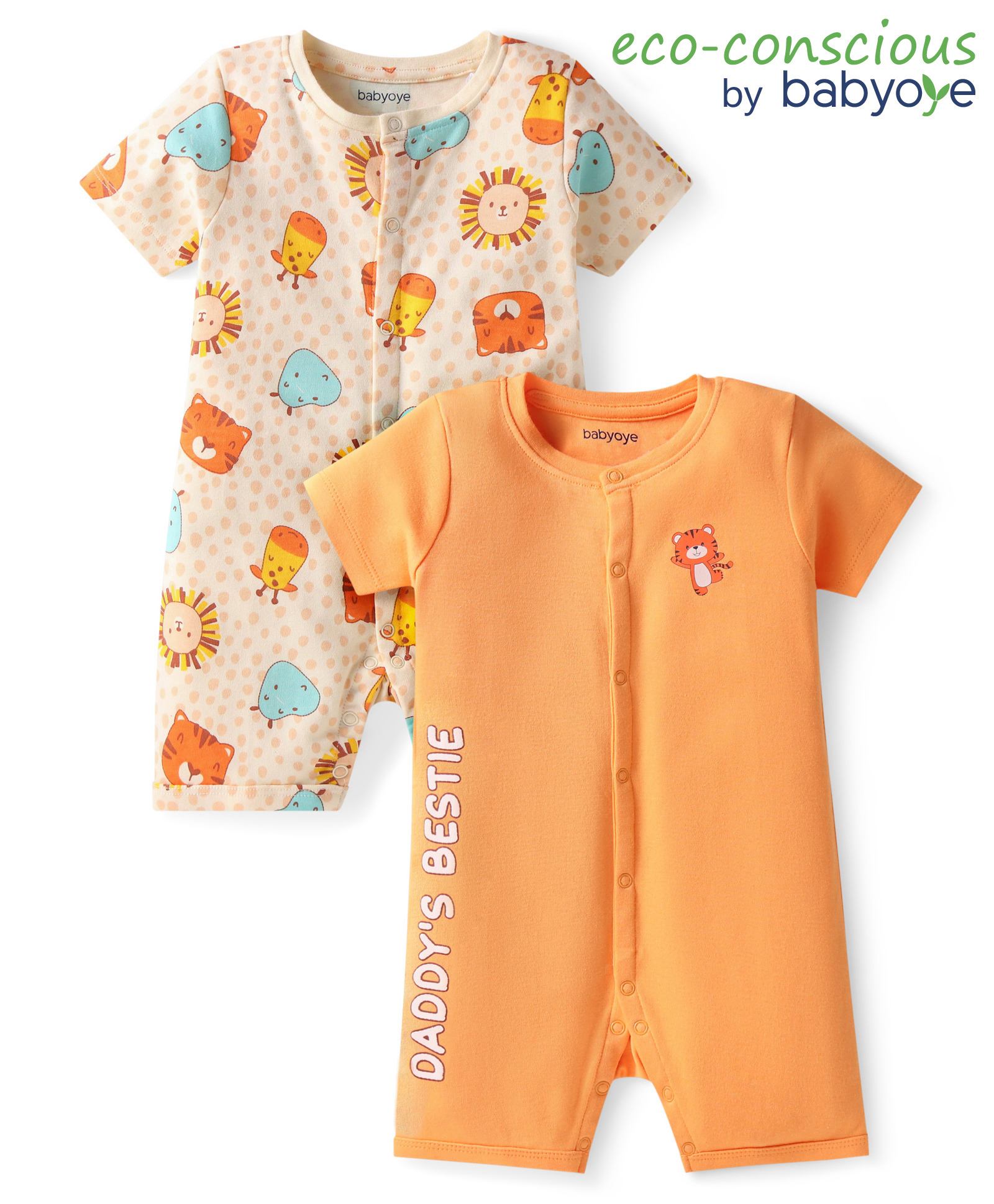 Babyoye 100% Cotton Knit Half Sleeves Eco Jiva Finish Rompers with Animal & Text Print Pack of 2 - Orange & Cream-picture-27