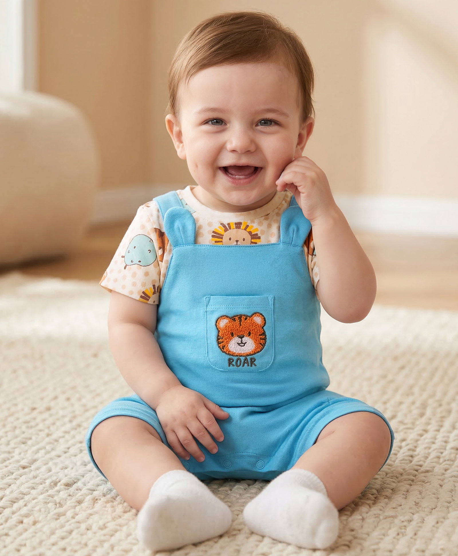 Babyoye 100% Cotton Knit Half Sleeves Eco Jiva Finish Romper with Tiger Print & Embroidery - Light Blue-image-5