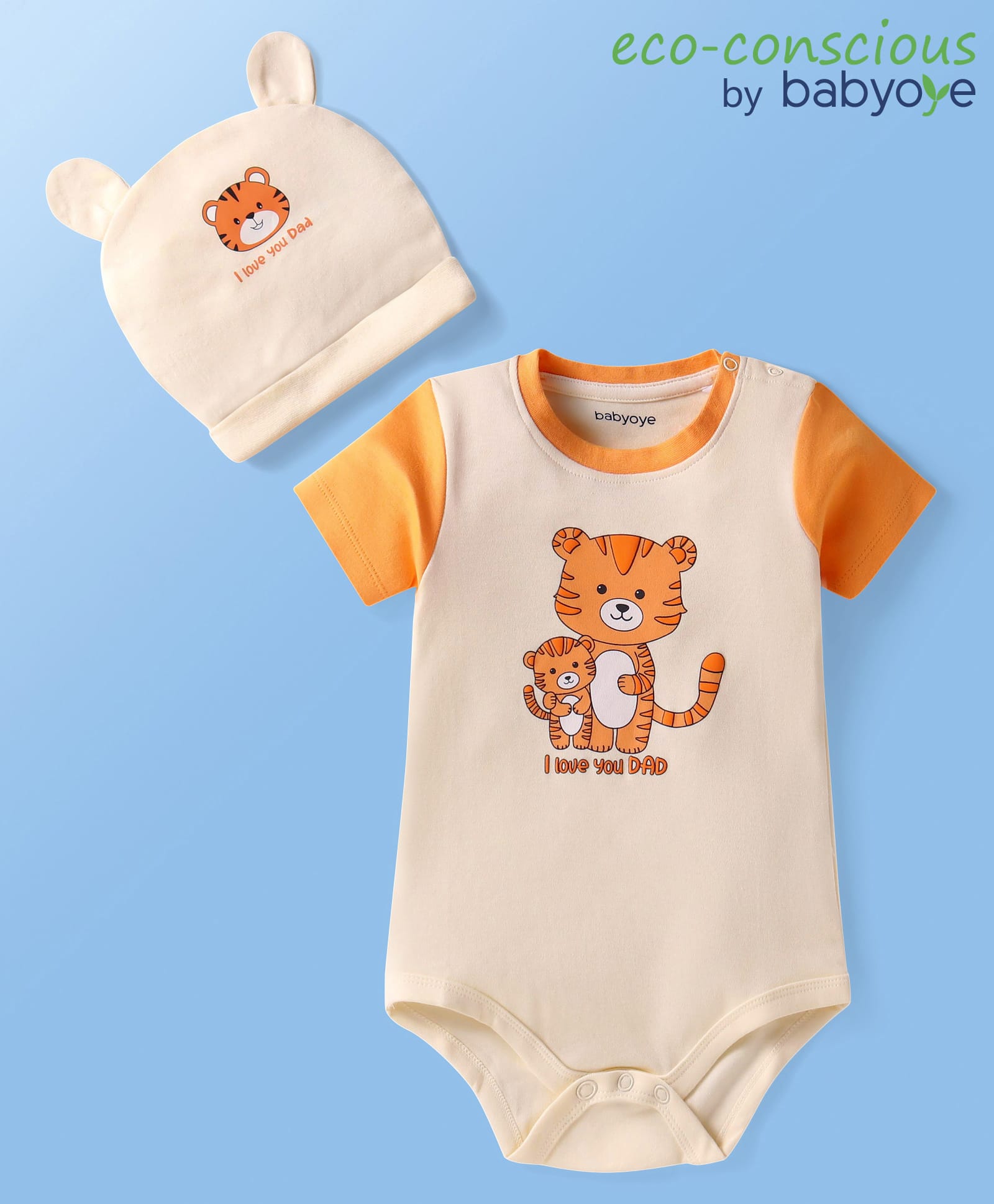 Babyoye 100% Cotton Knit Half Sleeves Eco Jiva Finish Onesie with Cap & Tiger Print - Cream-picture-28
