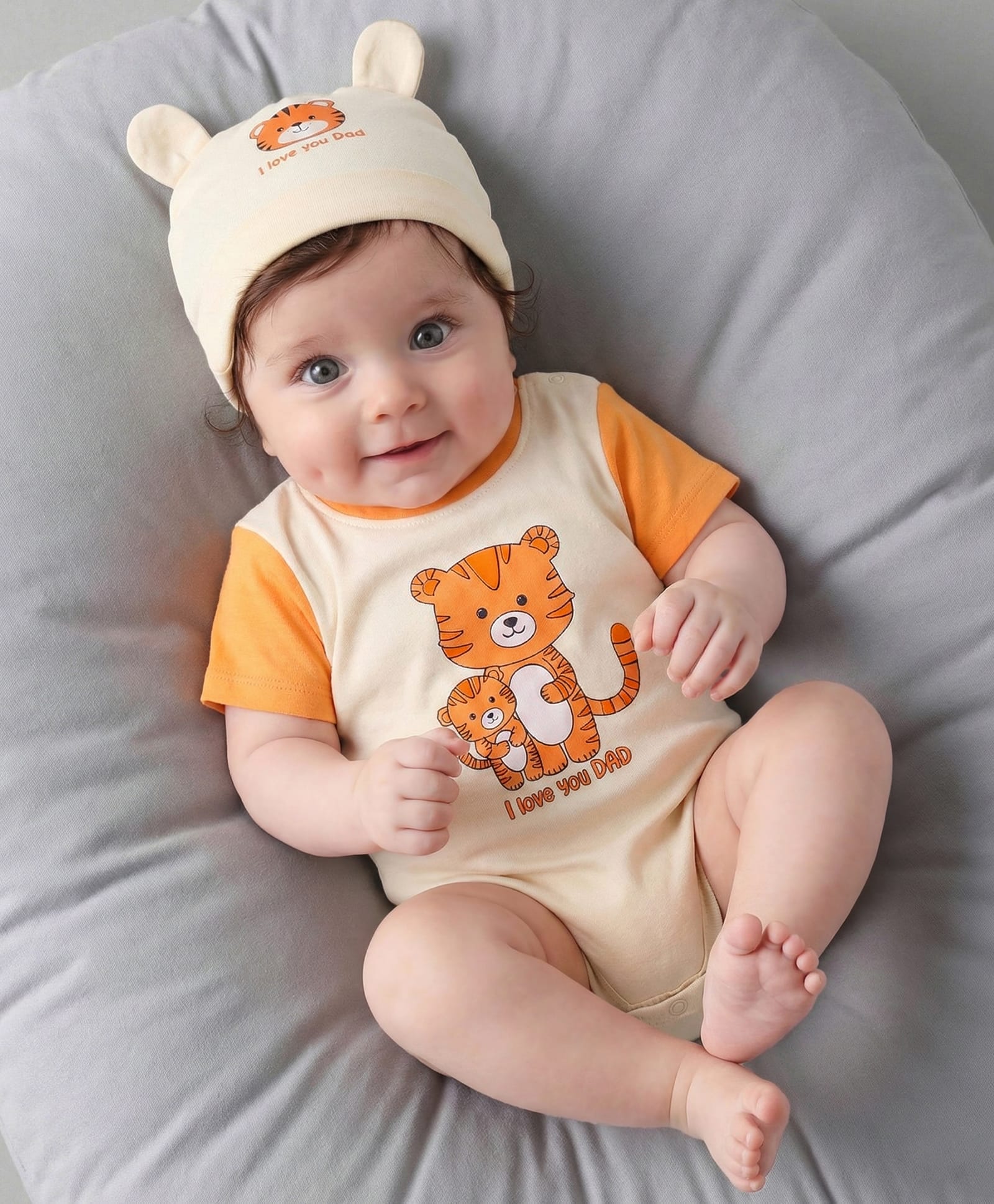 Babyoye 100% Cotton Knit Half Sleeves Eco Jiva Finish Onesie with Cap & Tiger Print - Cream-image-23