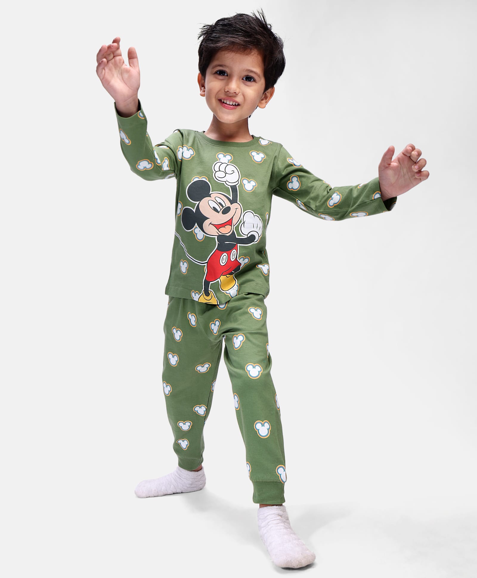 Babyhug Disney Single Jersey Knit Full Sleeves WinterNight SuitWith Mickey Mouse Graphics - Olive Green-image-35