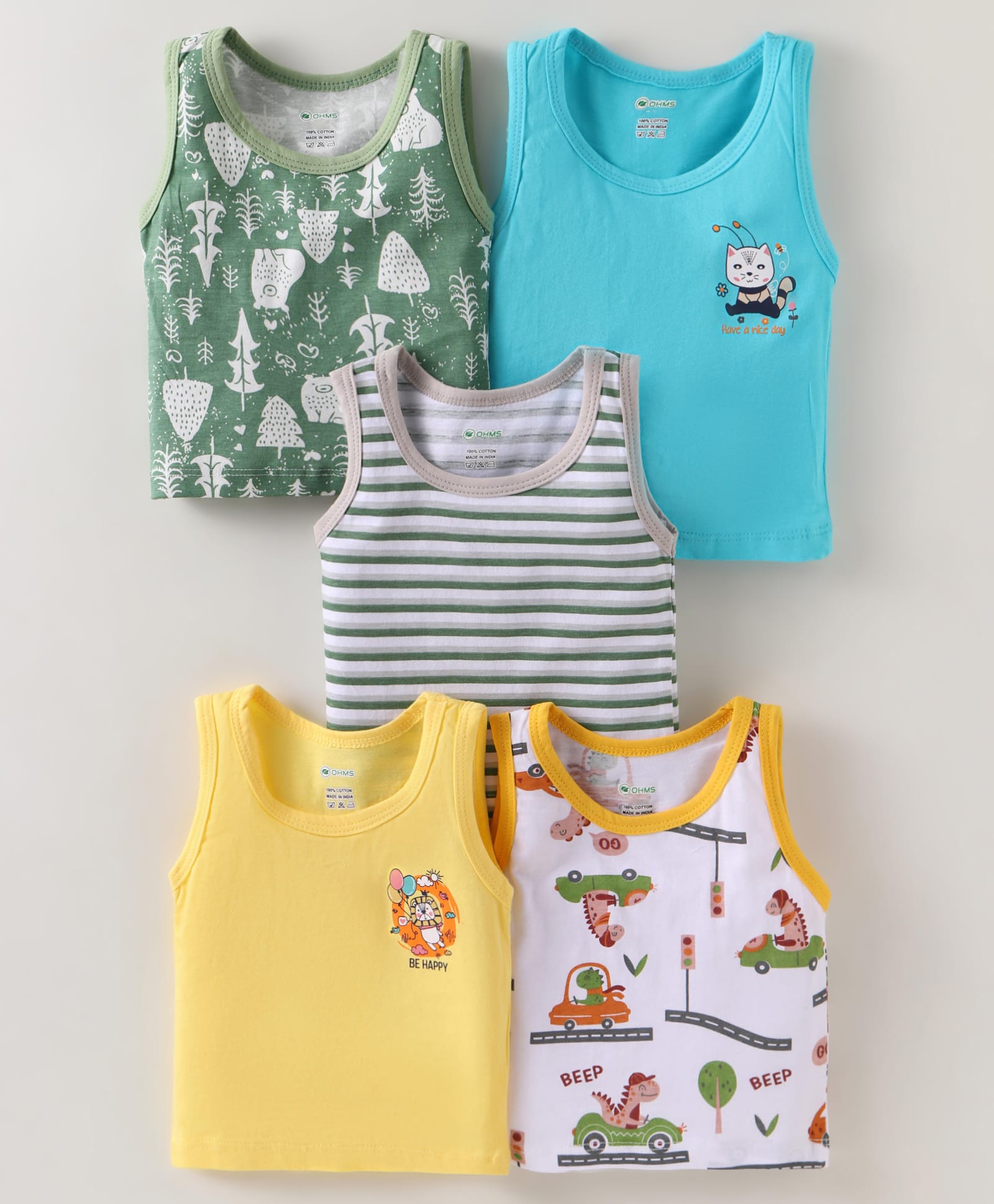OHMS Single Jersey Knit Sleeveless Animal Printed Vests with Stripes Pack of 5 - Multicolor-picture-21