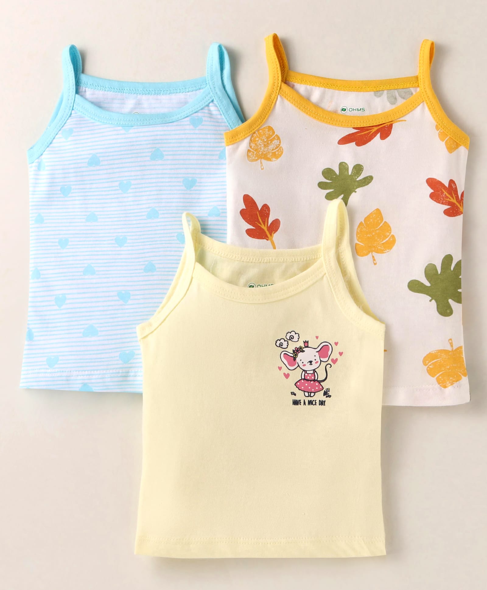 OHMS Single Jersey Knit Singlet Slips With Leaf & Cat Print Pack of 3 - White Cream & Blue-image-37