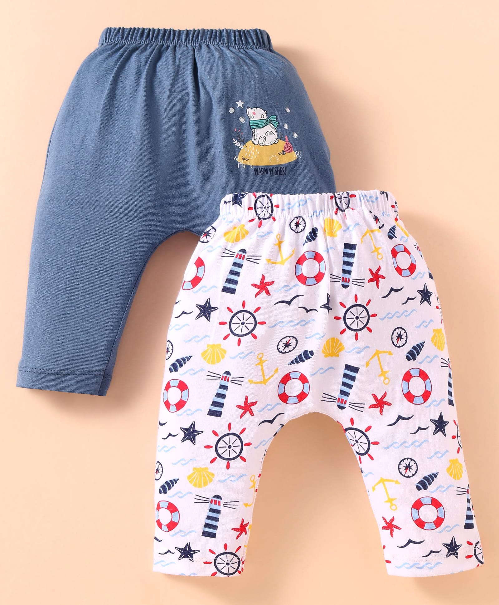 OHMS Single Jersey Knit Full Length Diaper Leggings Nautical Theme & Bear Print Pack Of 2 -White & Blue-picture-16