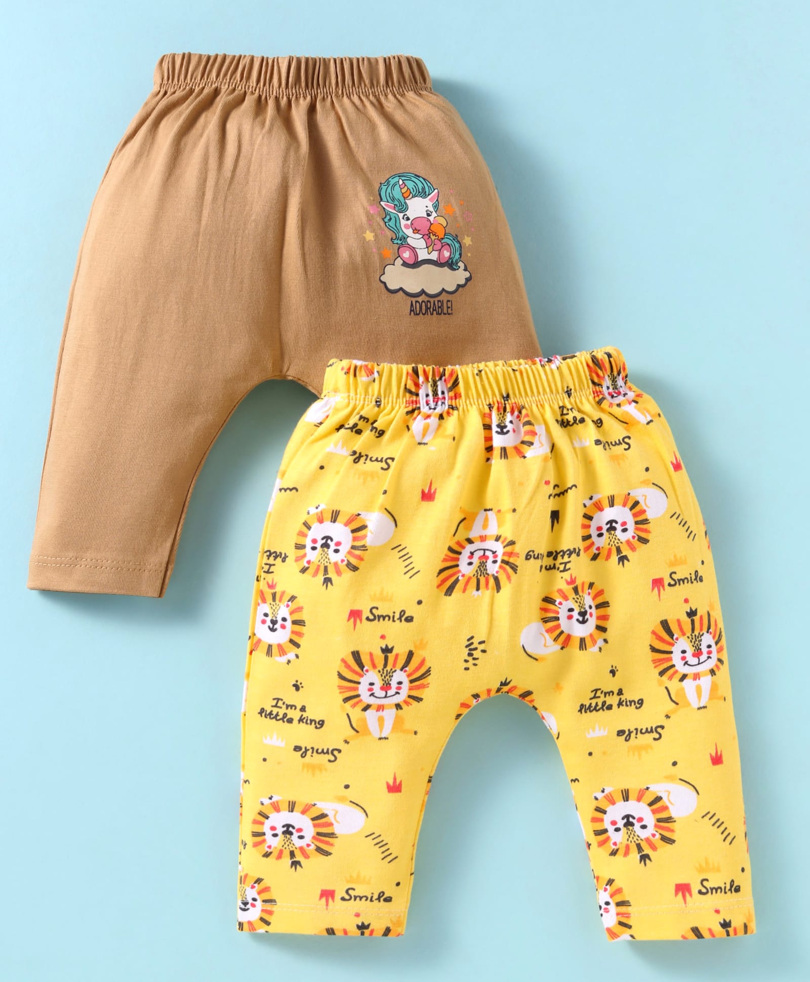 OHMS Single Jersey Knit Full Length Diaper Leggings Unicorn & Lion Print Pack Of 2 - Tan & Yellow-picture-13