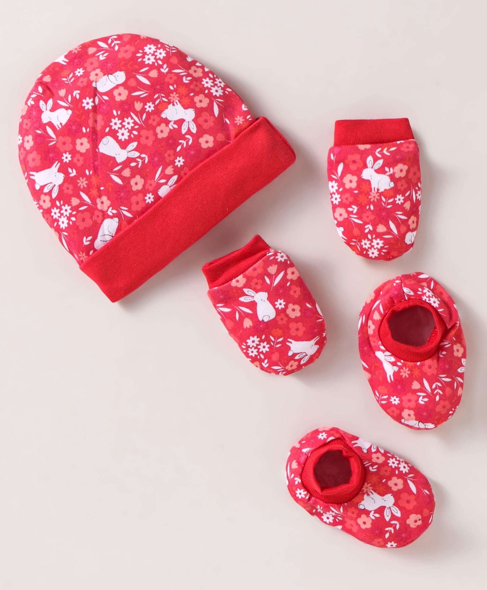 ohms interlock knit cap mitten & booties set with bunny & floral print red - diameter 9 cm