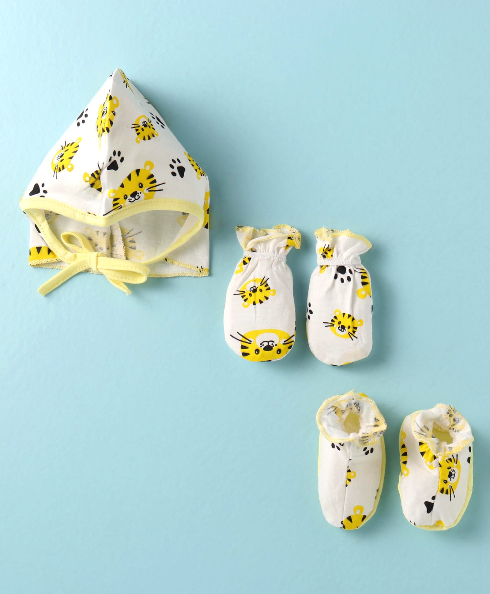 OHMS Interlock Knit Knotted Cap Mittens & Booties with Tiger Print Yellow - Diameter 11.5 cm-picture-10