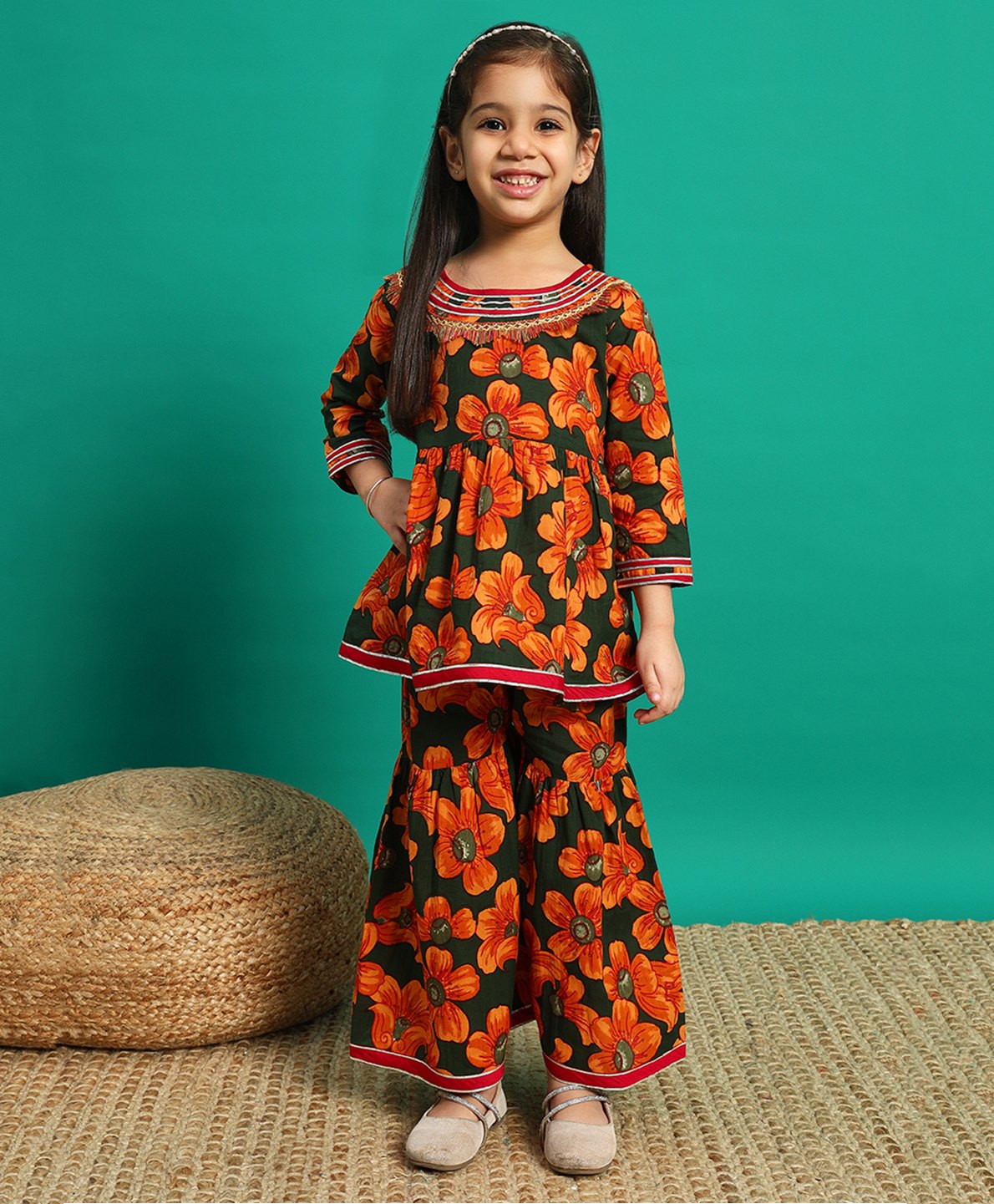 READIPRINT Cotton Three Fourth Sleeves Floral Printed & Lace Embellished Kurta Sharara Set - Green-picture-28