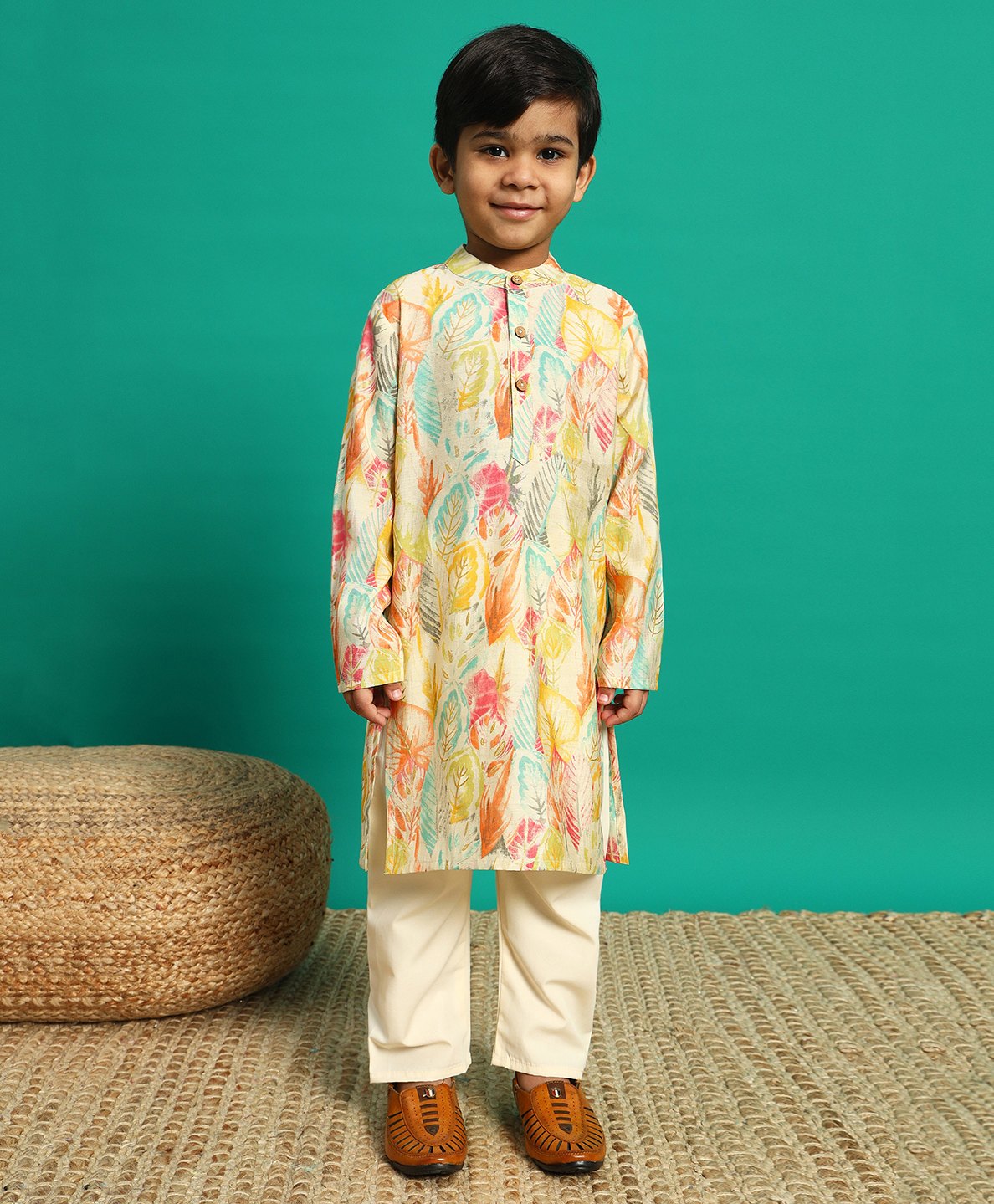 READIPRINT Full Sleeves Leaves Printed Kurta With Pyjama Set - Cream-picture-31