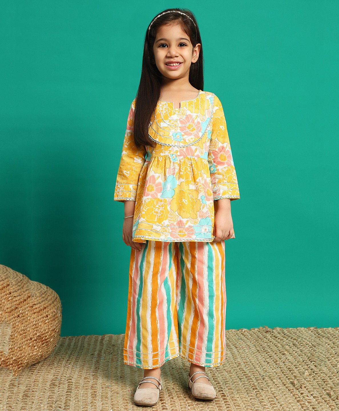 READIPRINT Three Fourth Sleeves Floral Printed & Lace Embellished Frock Style Kurta With Striped Palazzo Set - Yellow-picture-32