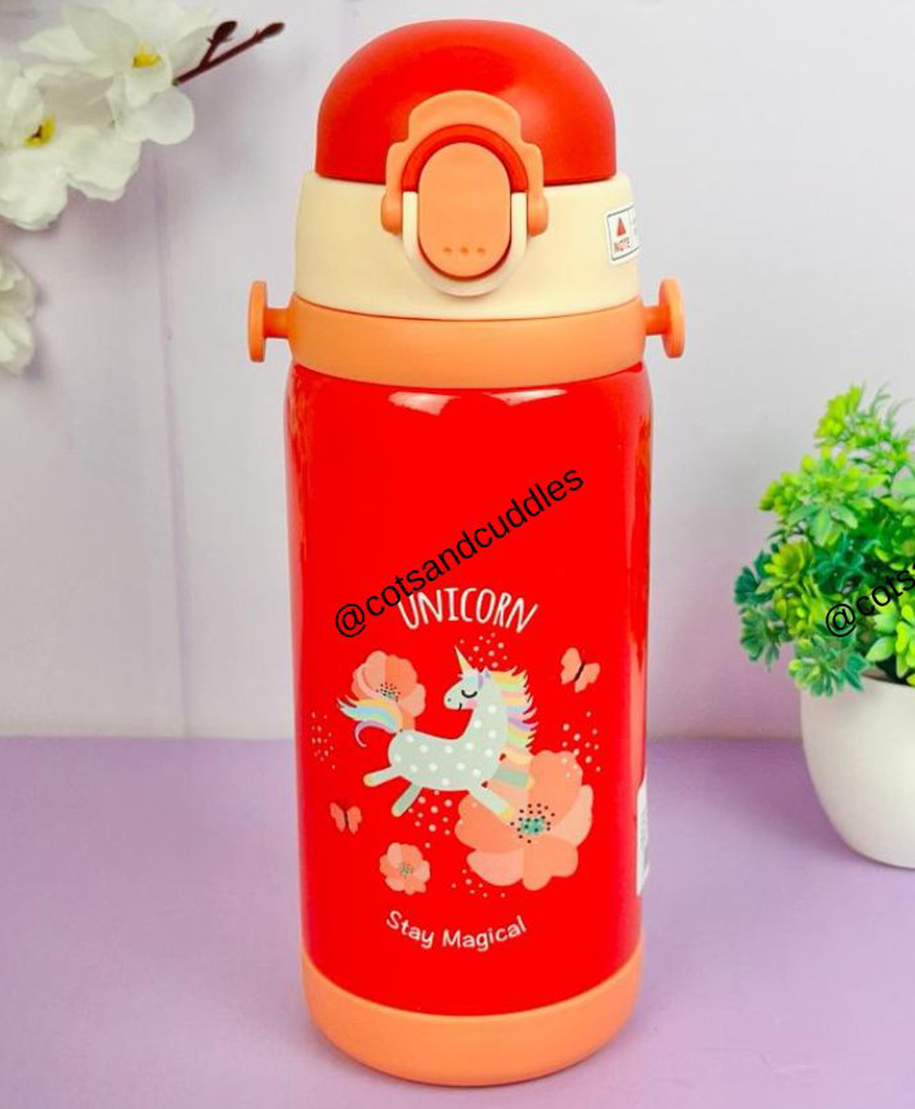 Cots and Cuddles Unicorn Design Double Cap Stainless Steel 450ml Water Bottle for Kids (Red)-image-24