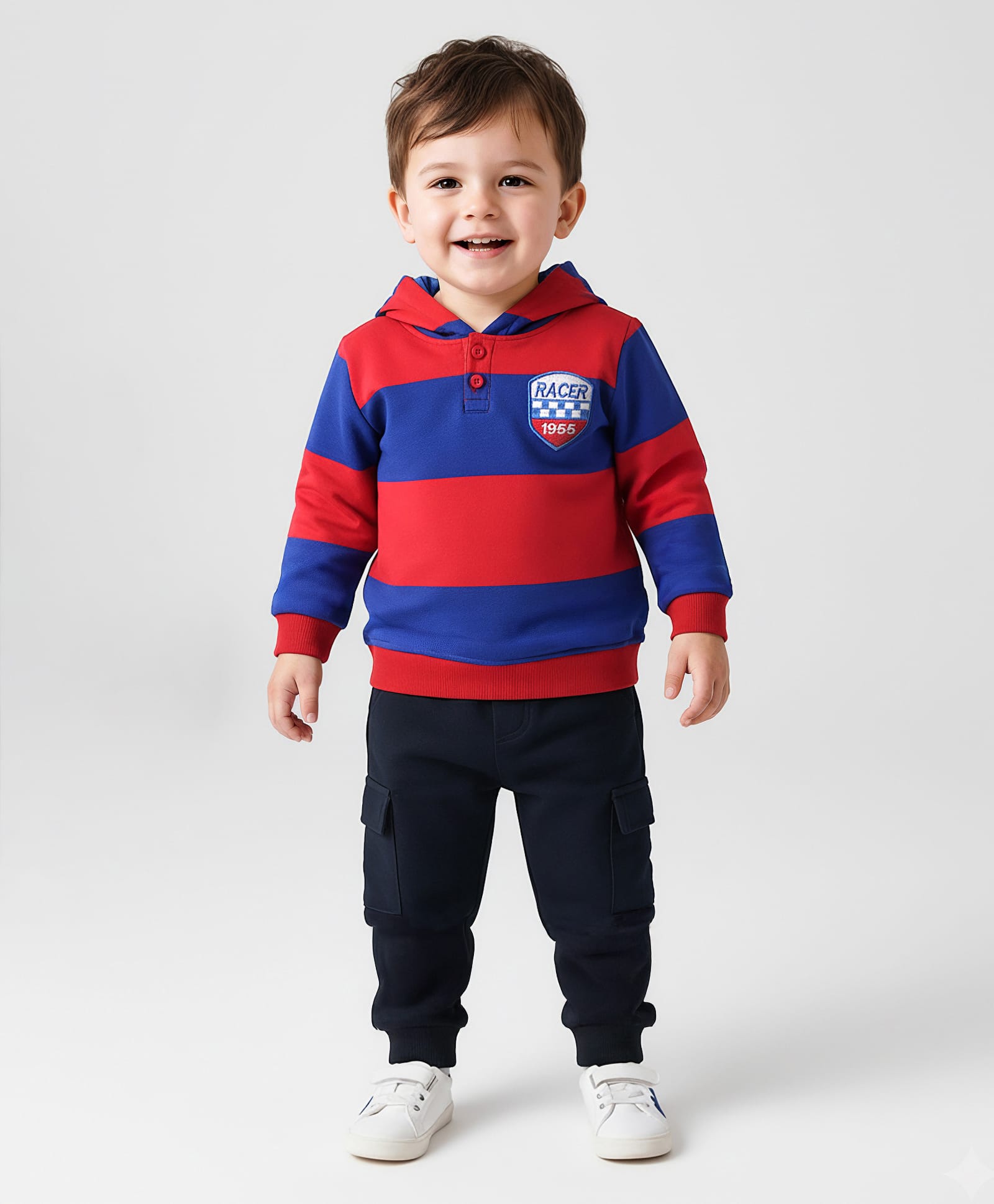 Babyhug Terry Knit Full Sleeves Striped Hooded T-Shirt & Lounge Pant Set With Racer Embroidery - Red & Black-picture-27