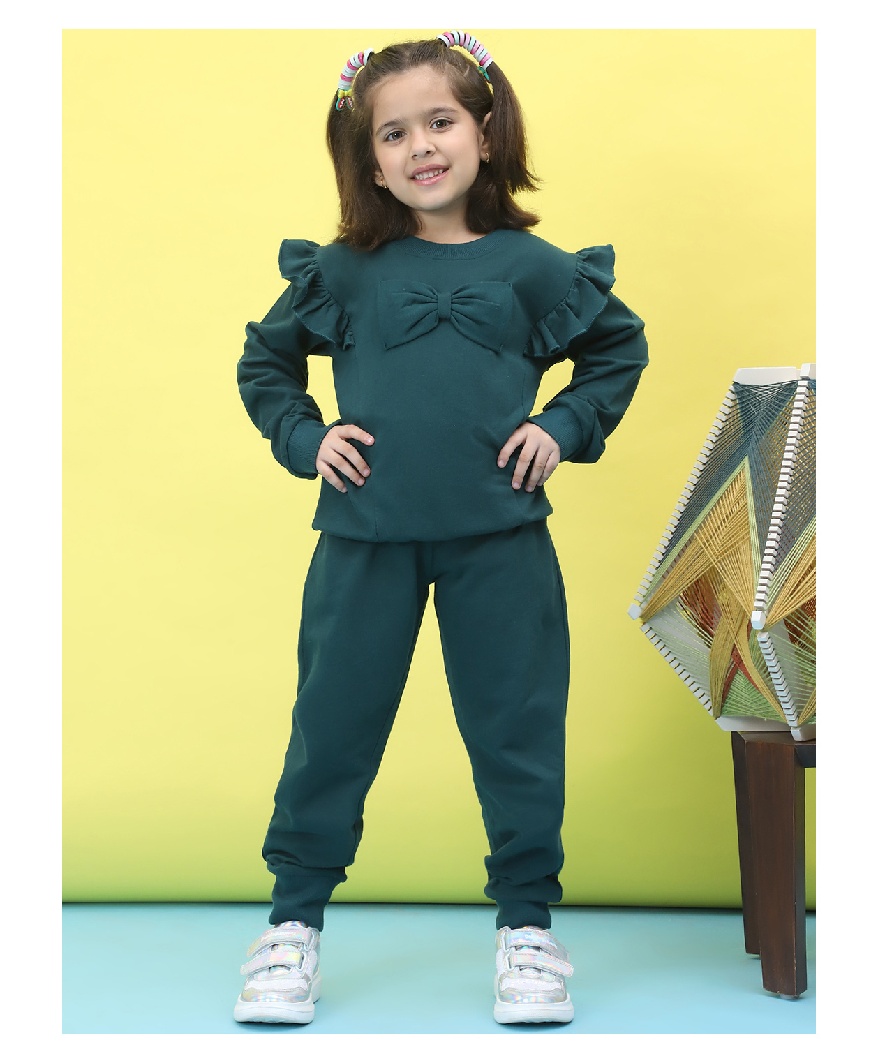 BaawRi Cotton Full Sleeves Bow Applique Detailed Sweatshirt & Solid Joggers Set - Teal Blue-image-14