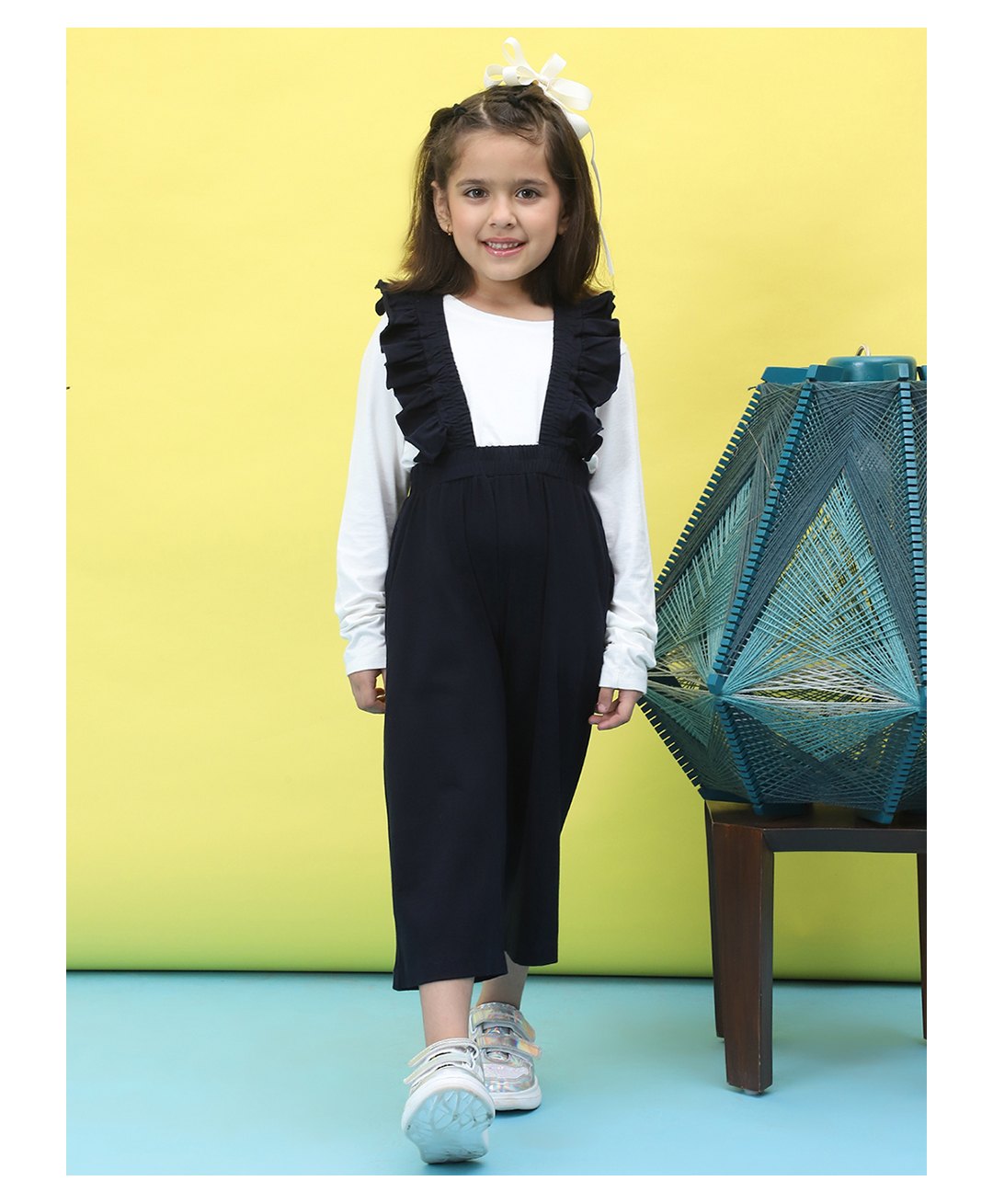 BaawRi Cotton Frill Detailed Dungaree With Solid Top Set - Navy Blue & White-picture-20