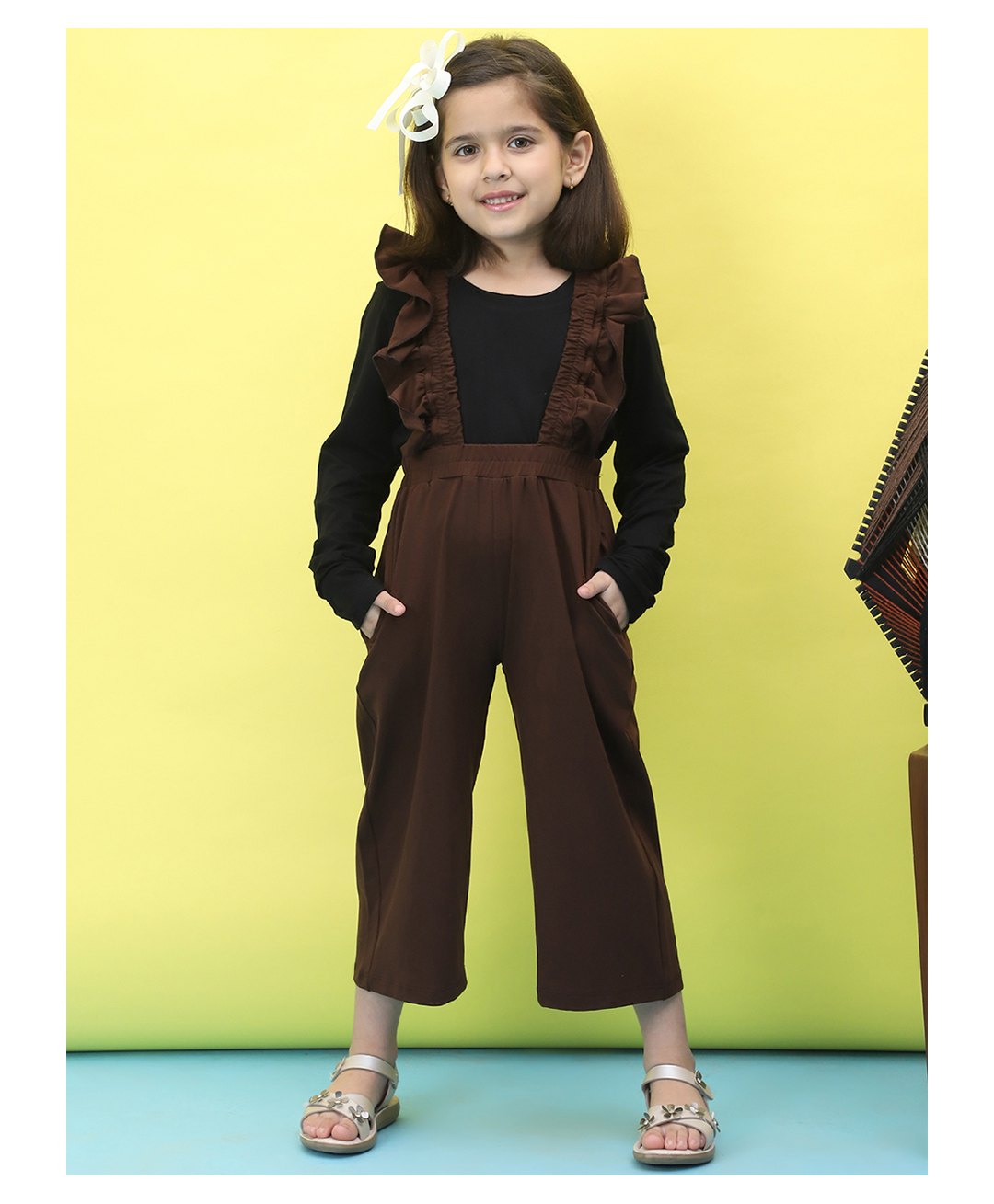 BaawRi Cotton Frill Detailed Dungaree With Solid Top Set - Brown & Black-picture-20