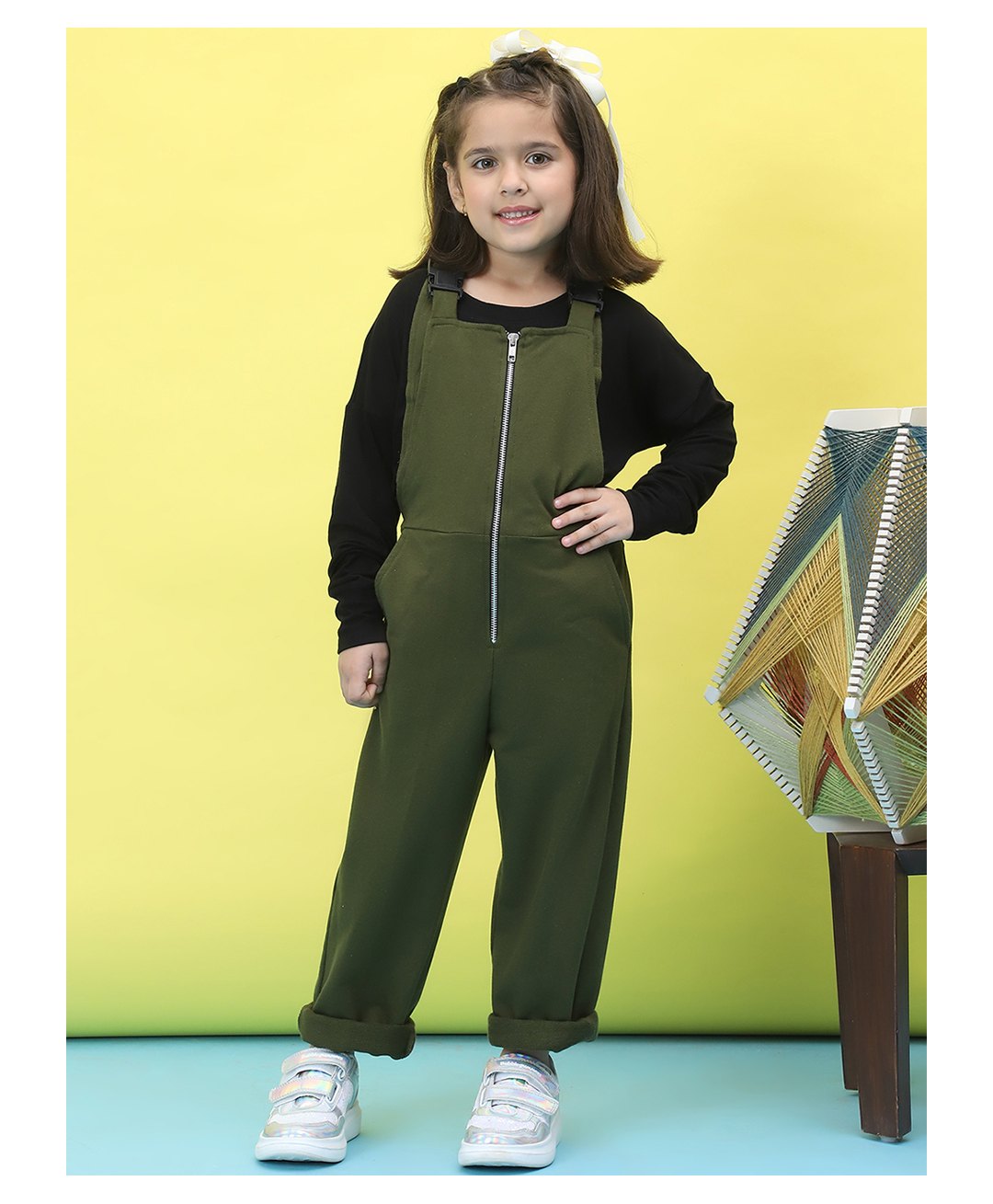 BaawRi French Terry Zipper Dungaree With Full Sleeves Solid Top Set - Olive Green & Black-image-27