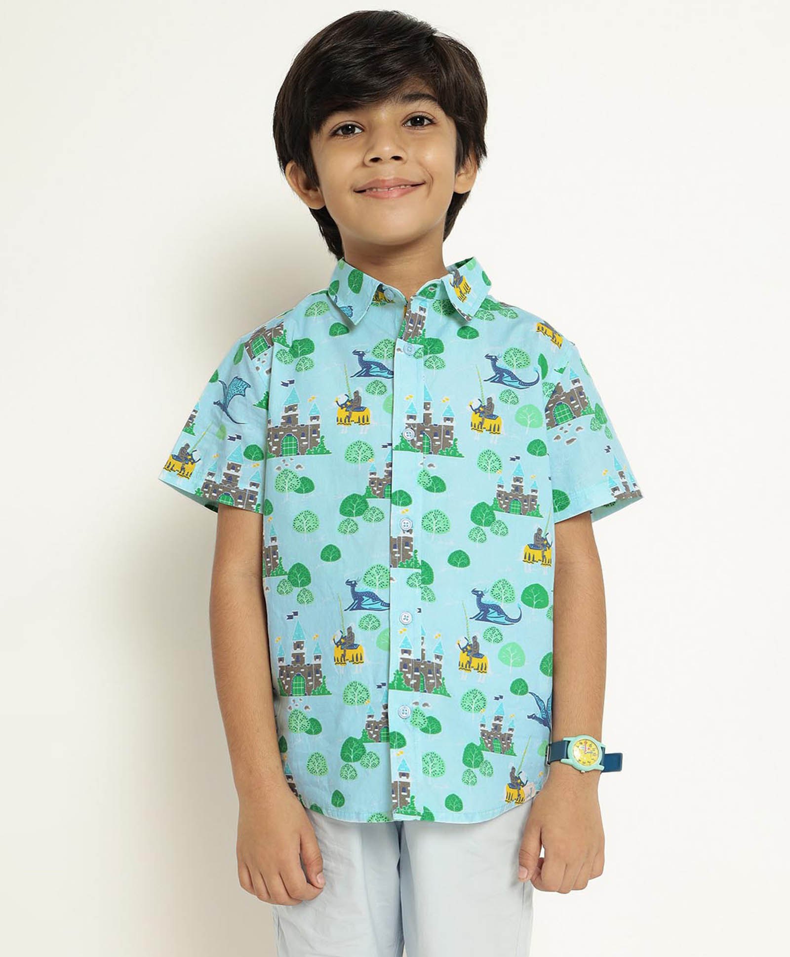 Somersault Cotton Half Sleeves Dragon & Fort Printed Shirt -Blue-picture-12