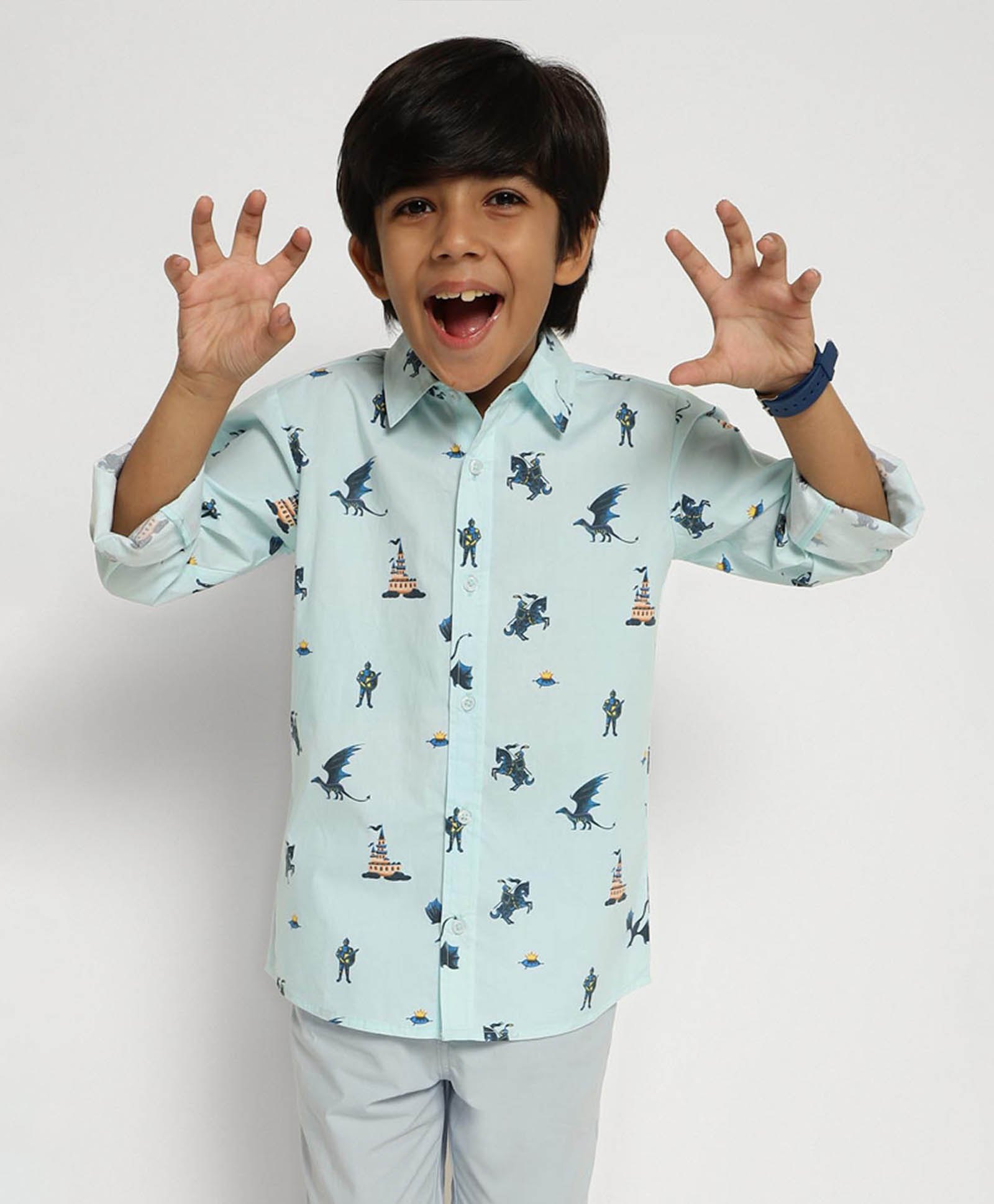 Somersault Cotton Full Sleeves Printed Knights & Dragons Printed Shirt - Blue-picture-34