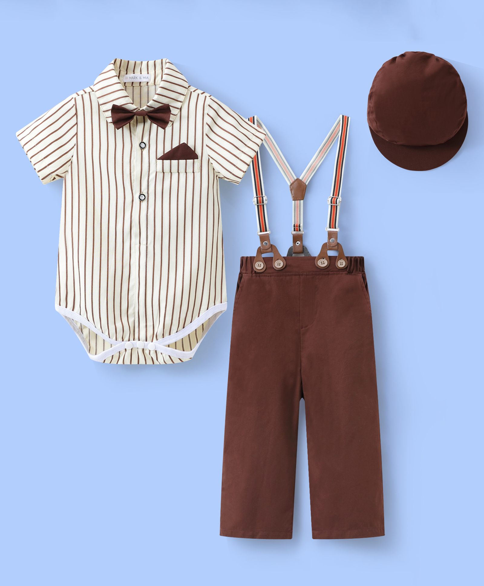 Mark & Mia Cotton Half Sleeves Striped Onesie & Pant Set with Suspender Bow & Cap - Brown White-picture-13