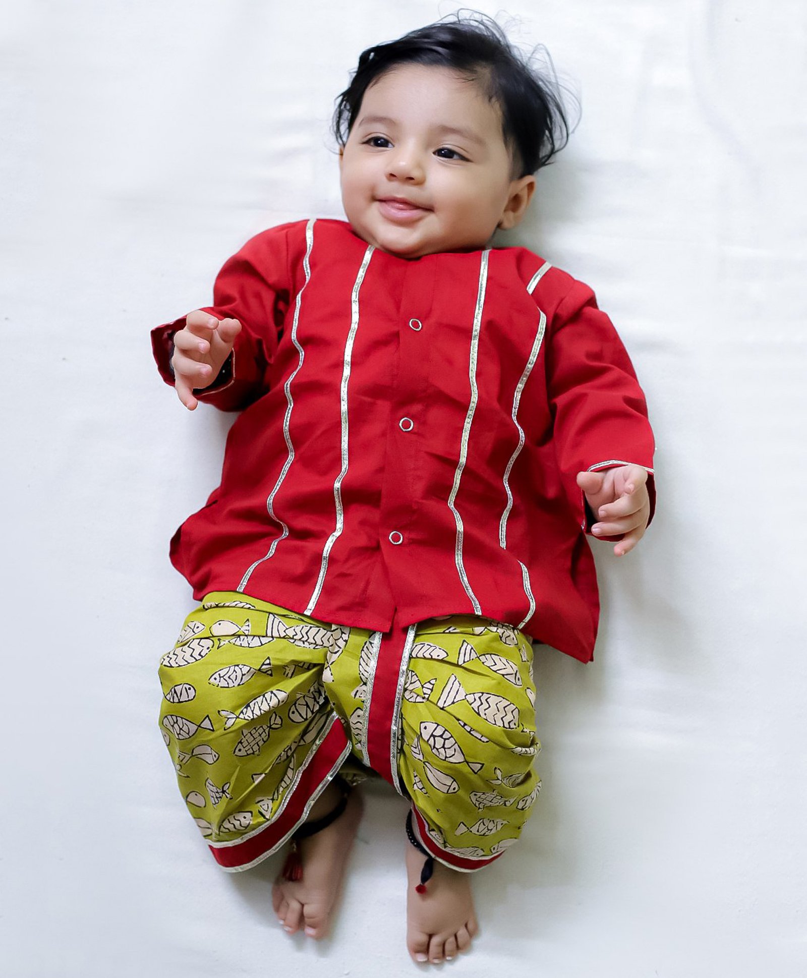 BownBee Full Sleeves Lace Embelised Kurta & Fish Printed Dhoti Set - Red-image-22