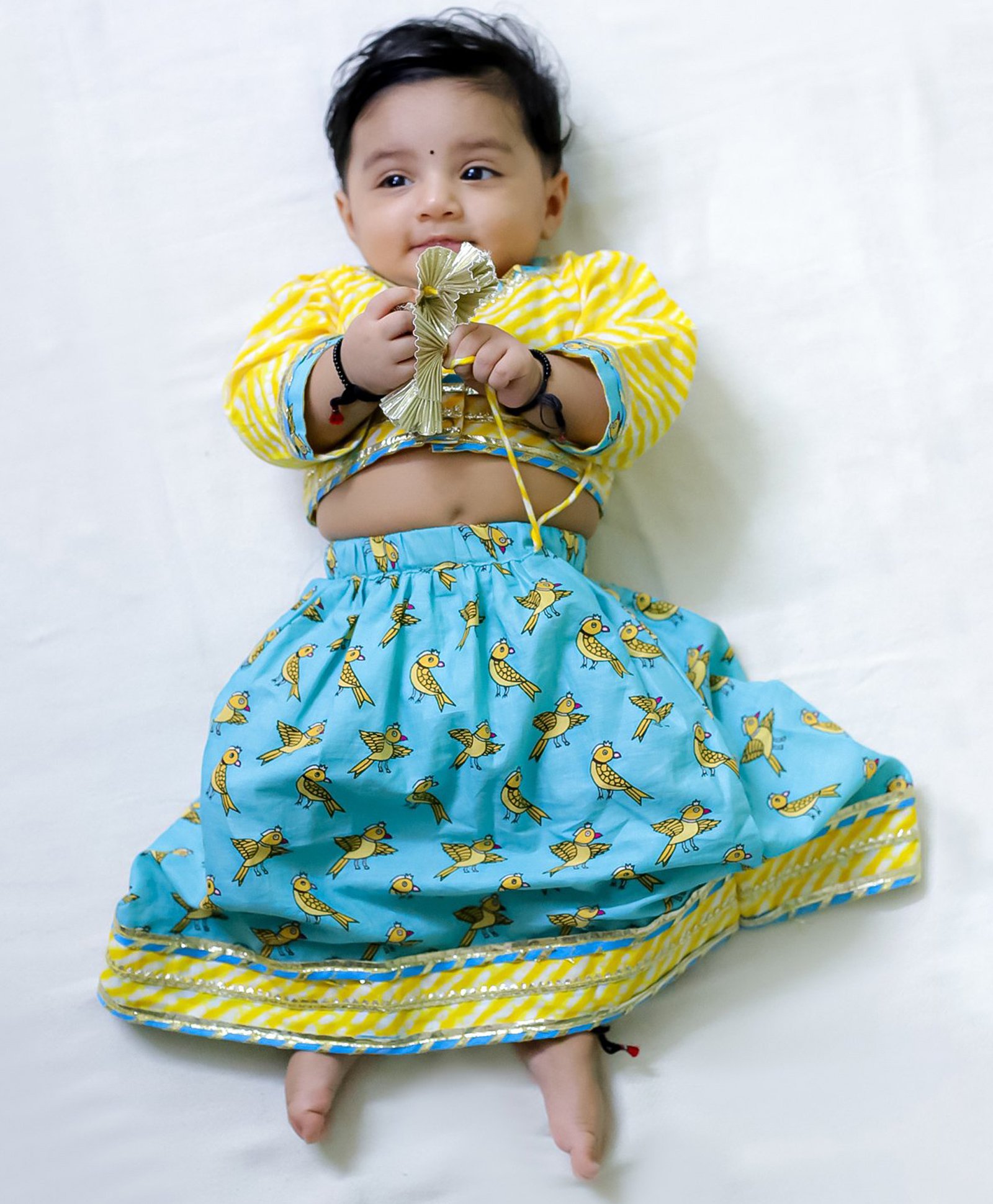 BownBee Three Fourth Sleeves Leheriya & Birds Printed Lace Embellished Lehenga Choli Set - Yellow-picture-12